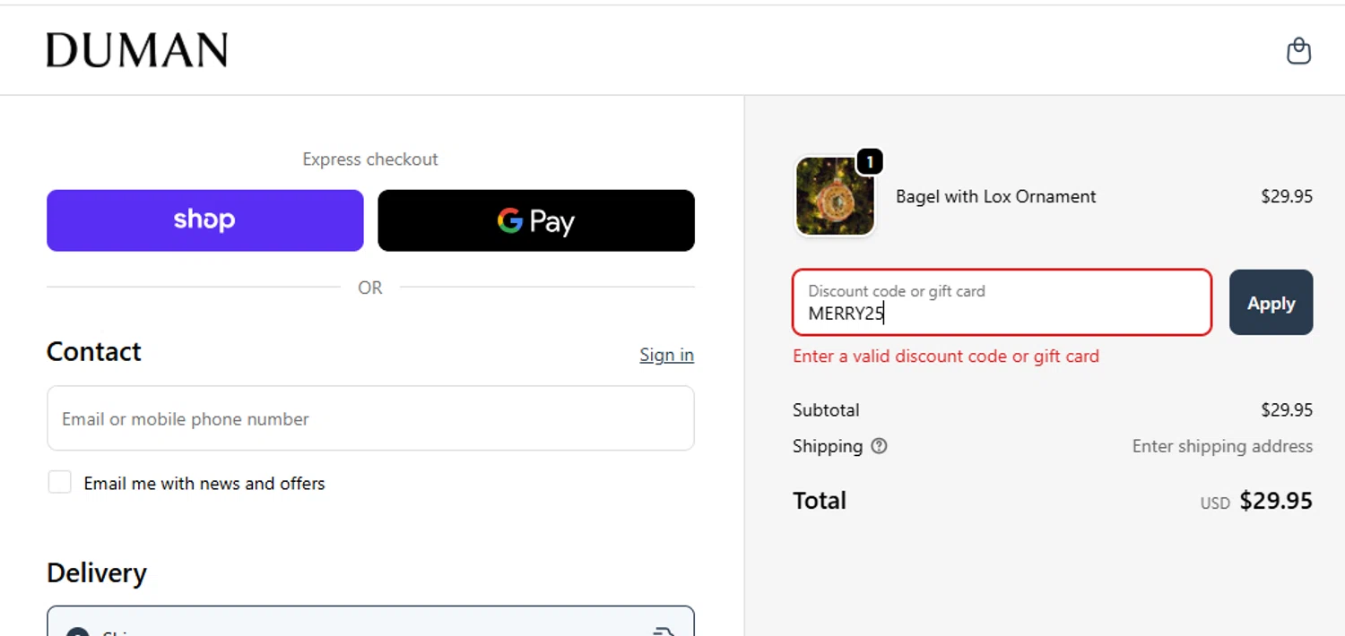 Duman Home promo code screenshot showing code MERRY25 applied at Duman Home checkout page. Uploaded by SimplyCodes community member yeresojperez on Dec 13, 2025
