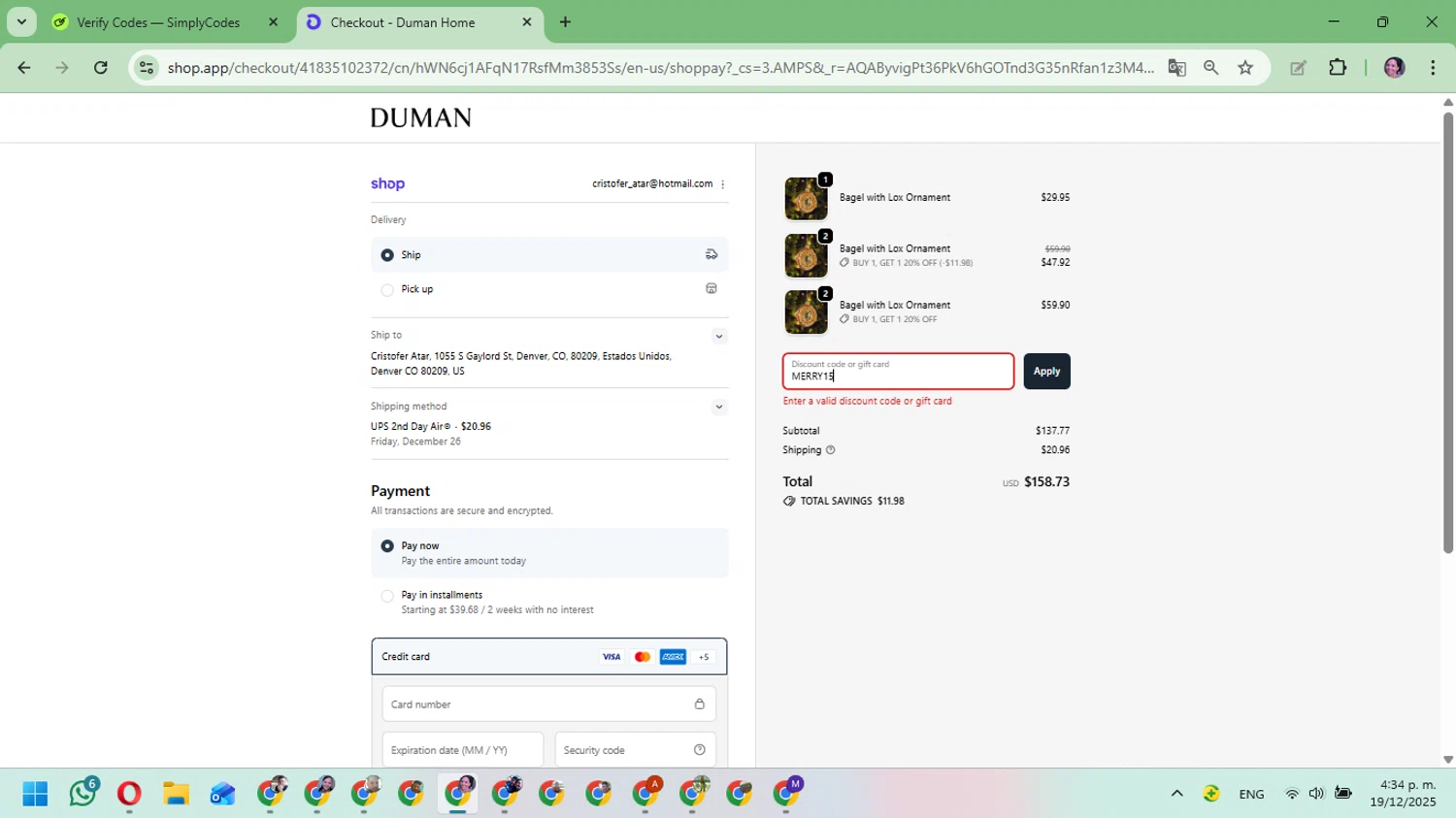 Duman Home promo code screenshot showing code MERRY15 applied at Duman Home checkout page. Uploaded by SimplyCodes community member Mari_perez on Dec 19, 2025