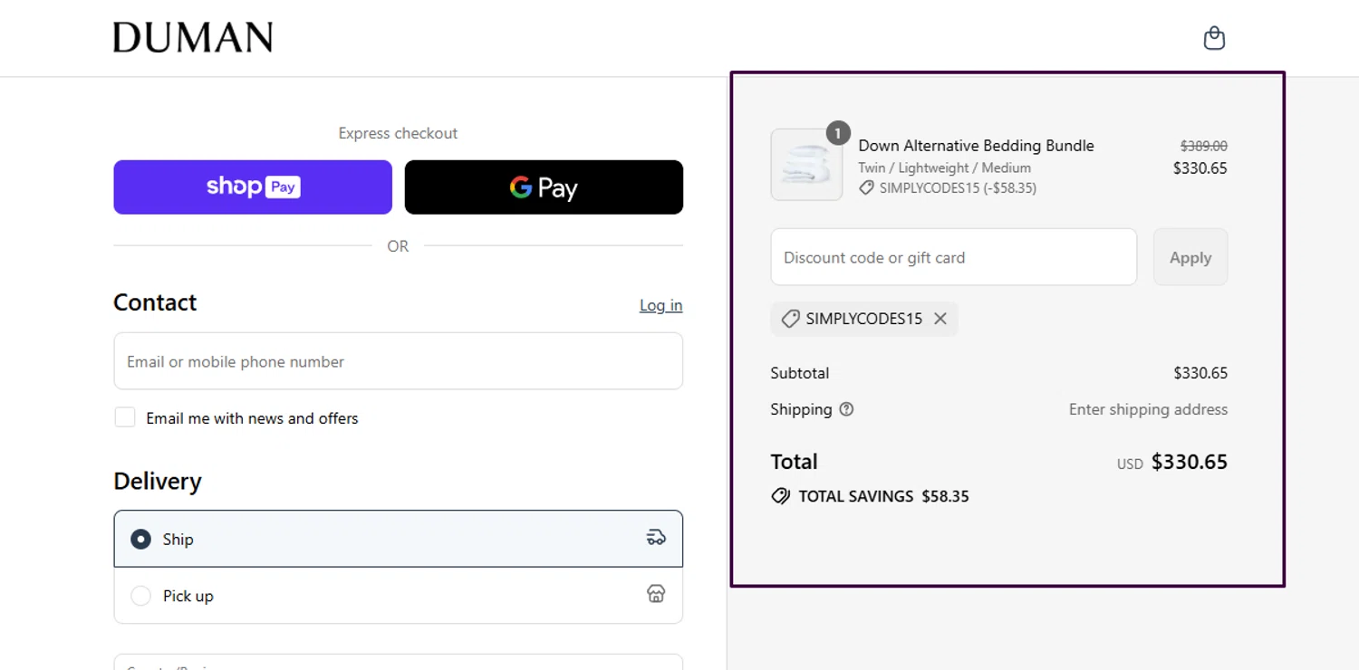 Duman Home promo code screenshot showing code SIMPLYCODES15 applied at Duman Home checkout page. Uploaded by SimplyCodes community member Swiftdealz on Aug 21, 2025