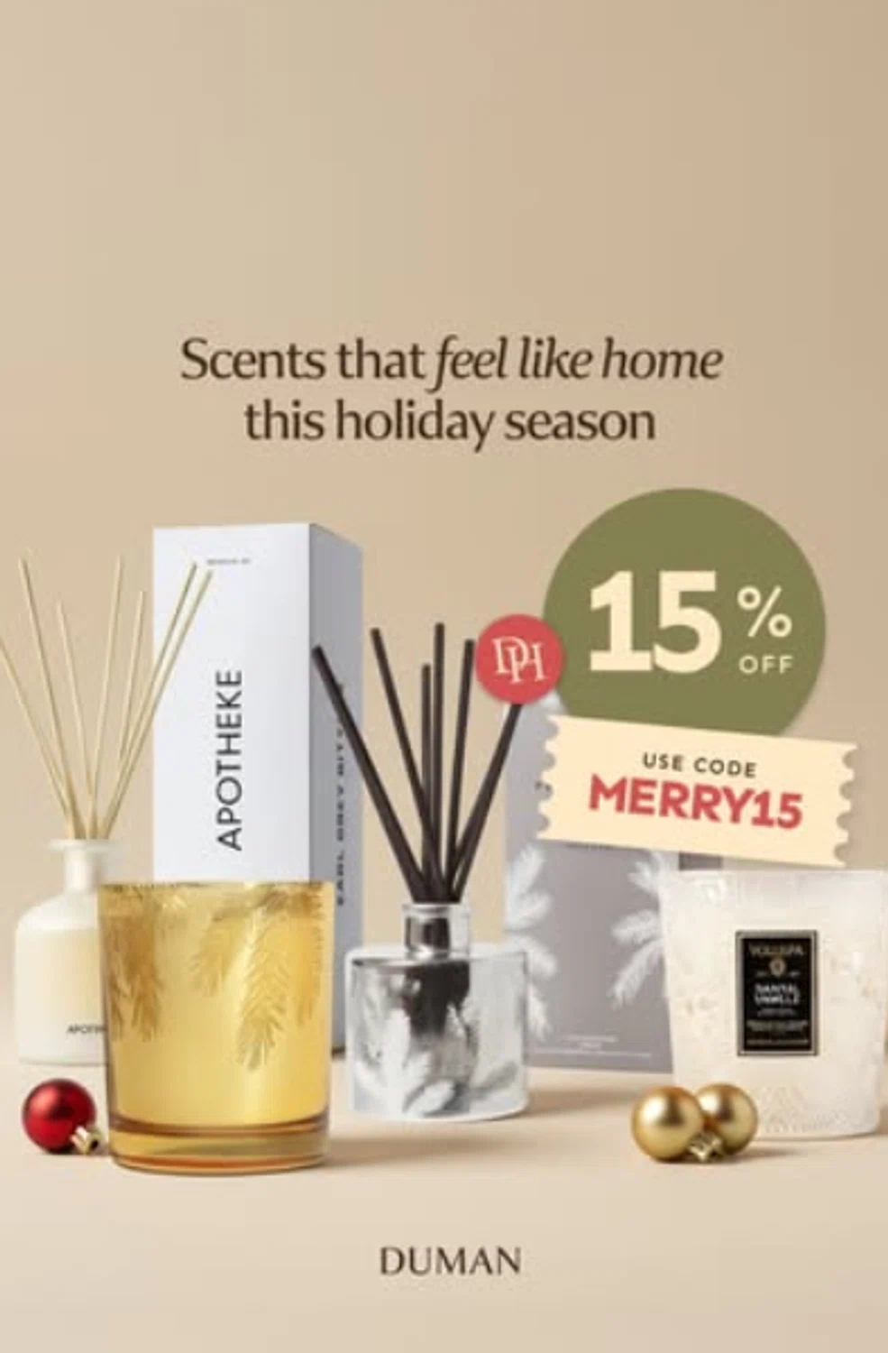 Duman Home promo code screenshot showing code merry15 applied at Duman Home checkout page. Uploaded by SimplyCodes community member antonietarodriguez96 on Dec 19, 2025