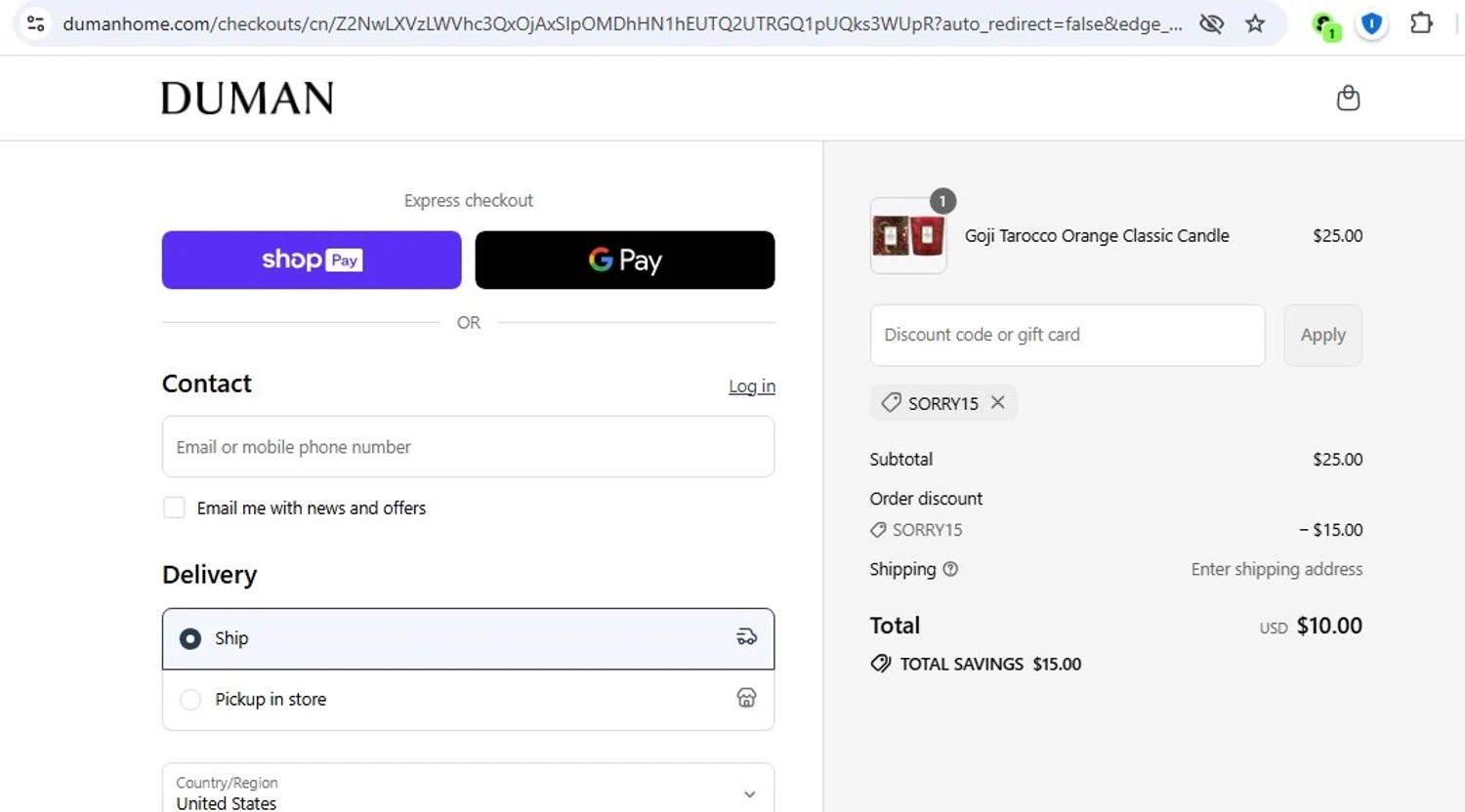 Duman Home promo code screenshot showing code SORRY15 applied at Duman Home checkout page. Uploaded by SimplyCodes community member frankrivero on Jul 8, 2025