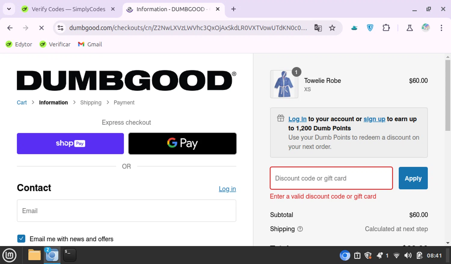 Dumbgood coupon code screenshot showing code BENH applied at Dumbgood checkout page. Uploaded by SimplyCodes community member KittyX on Jan 2, 2025