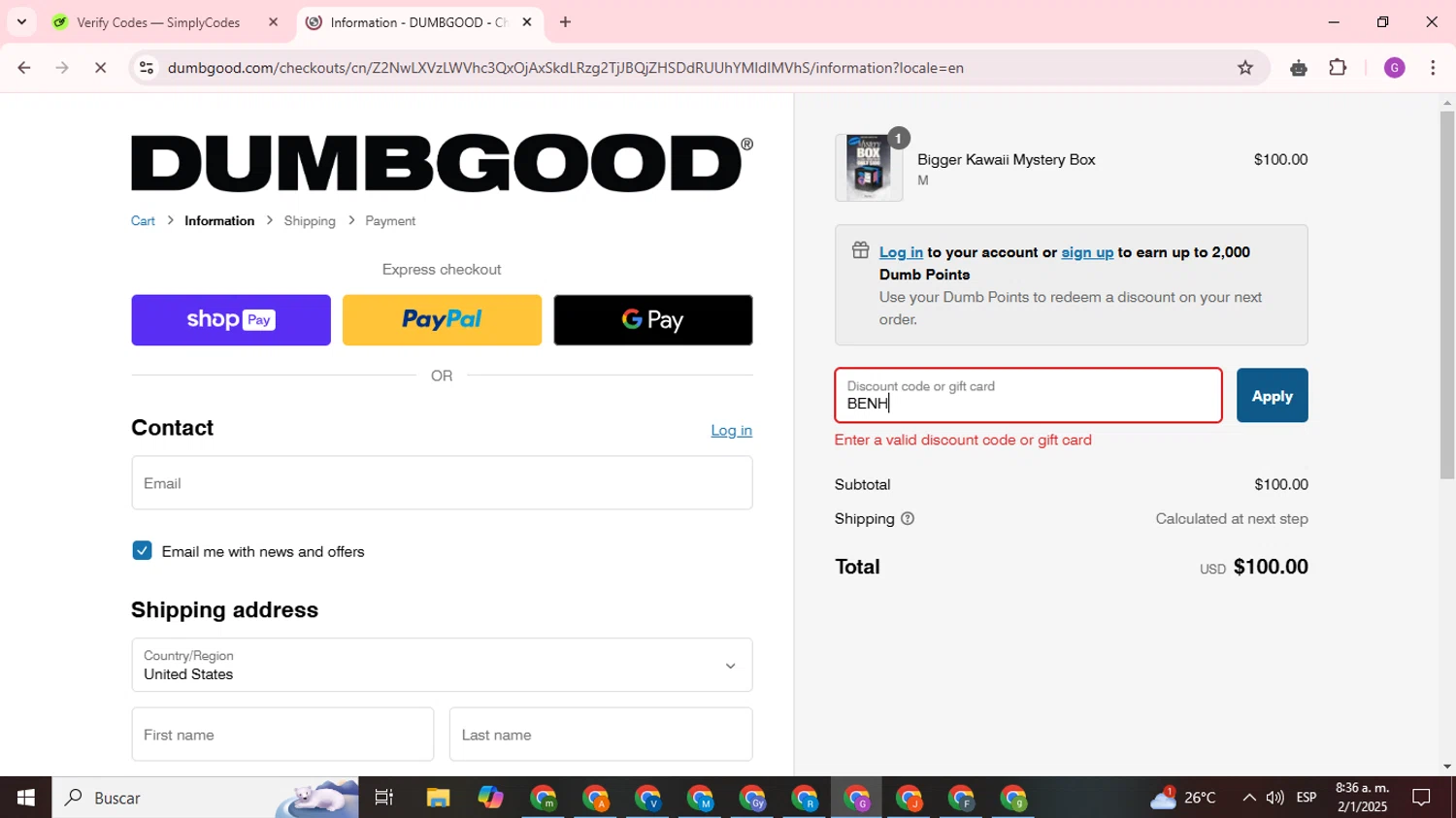 Dumbgood coupon code screenshot showing code BENH applied at Dumbgood checkout page. Uploaded by SimplyCodes community member ValuePilot6849 on Jan 2, 2025