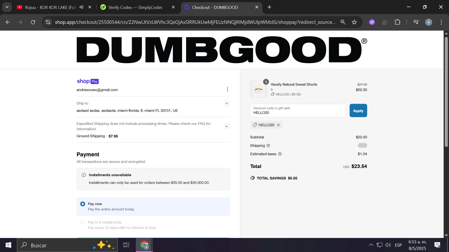 Dumbgood coupon code screenshot showing code HELLO20 applied at Dumbgood checkout page. Uploaded by SimplyCodes community member Frizk_1 on May 8, 2025