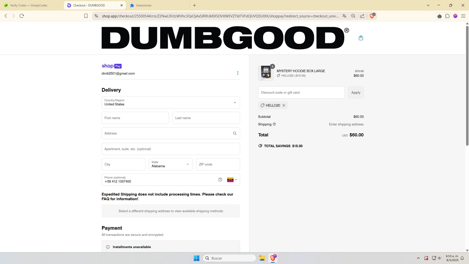 Dumbgood coupon code screenshot showing code HELLO20 applied at Dumbgood checkout page. Uploaded by SimplyCodes community member VictoriousDefender7352 on May 8, 2025