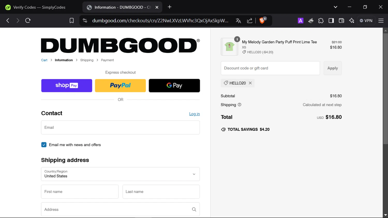 Dumbgood coupon code screenshot showing code HELLO20 applied at Dumbgood checkout page. Uploaded by SimplyCodes community member SmartScholar9589 on Jan 30, 2025