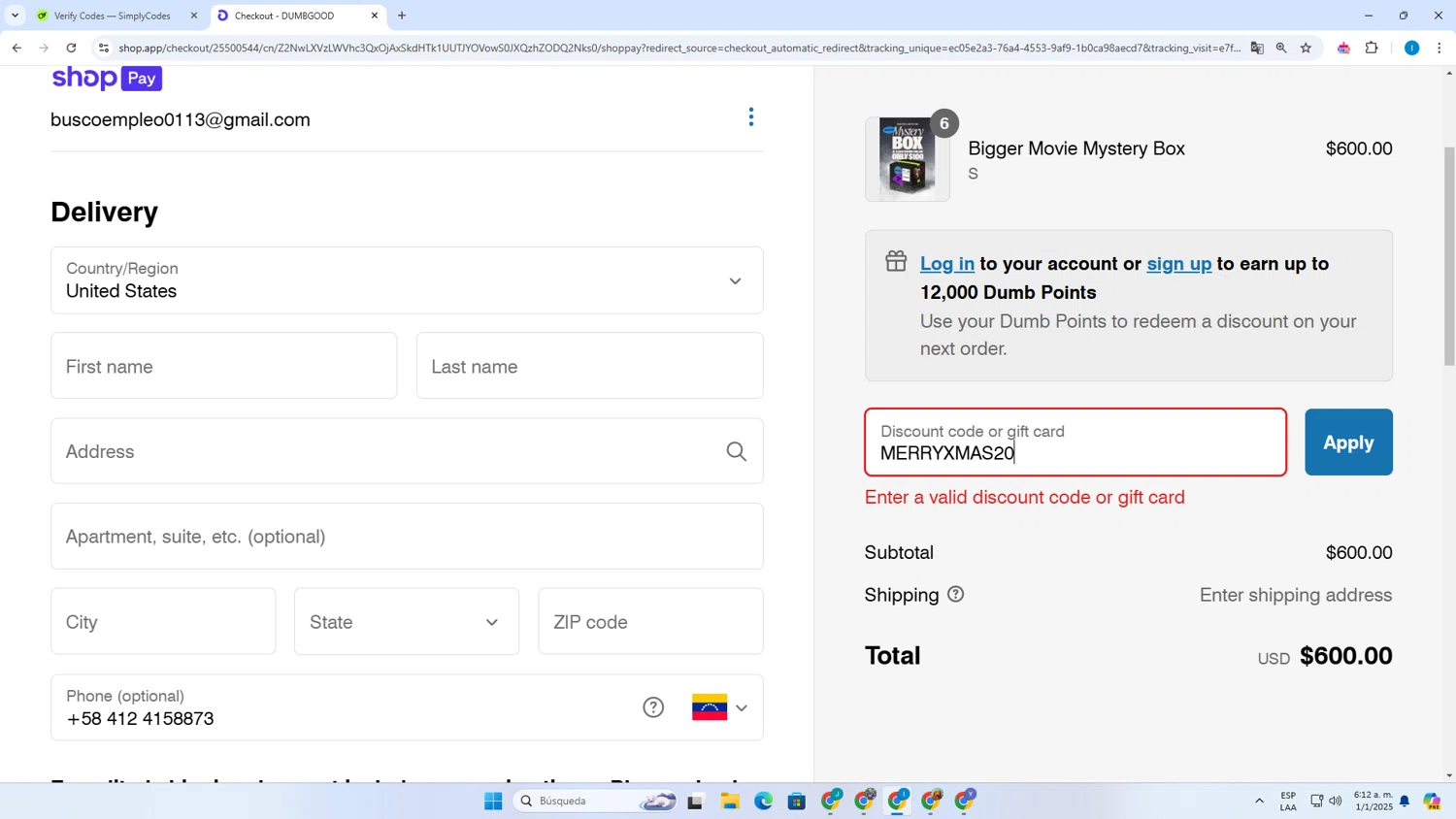 Dumbgood coupon code screenshot showing code MERRYXMAS20 applied at Dumbgood checkout page. Uploaded by SimplyCodes community member Derecksrob on Jan 1, 2025