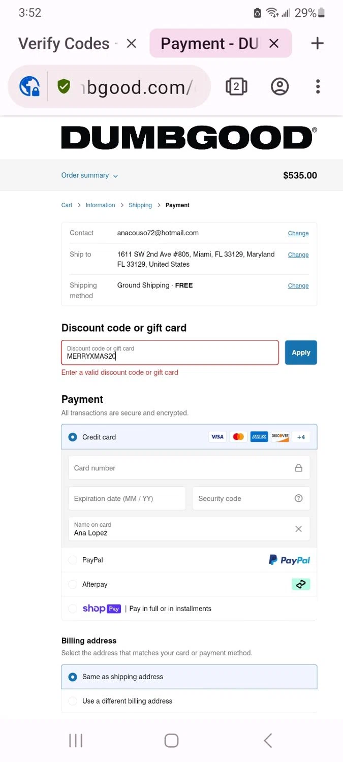 Dumbgood coupon code screenshot showing code MERRYXMAS20 applied at Dumbgood checkout page. Uploaded by SimplyCodes community member CrownGuardian2710 on Jan 1, 2025