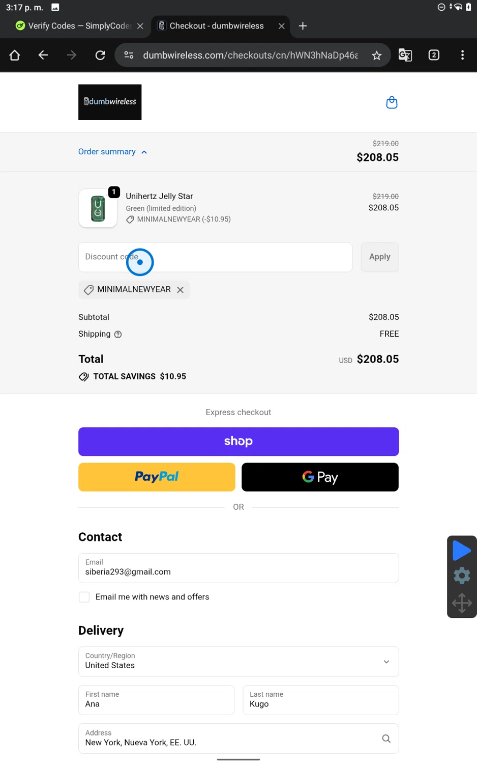 dumbwireless promo code screenshot showing code MINIMALNEWYEAR applied at dumbwireless checkout page. Uploaded by SimplyCodes community member SmartWhiz9028 on Oct 3, 2025