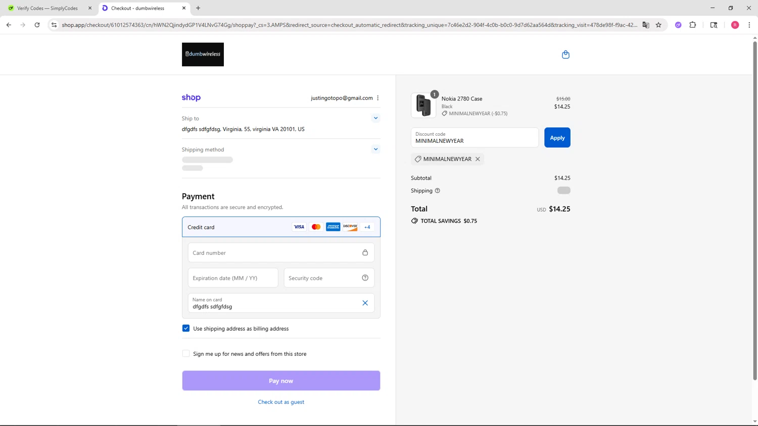 dumbwireless promo code screenshot showing code MINIMALNEWYEAR applied at dumbwireless checkout page. Uploaded by SimplyCodes community member TTTT55 on Aug 31, 2025