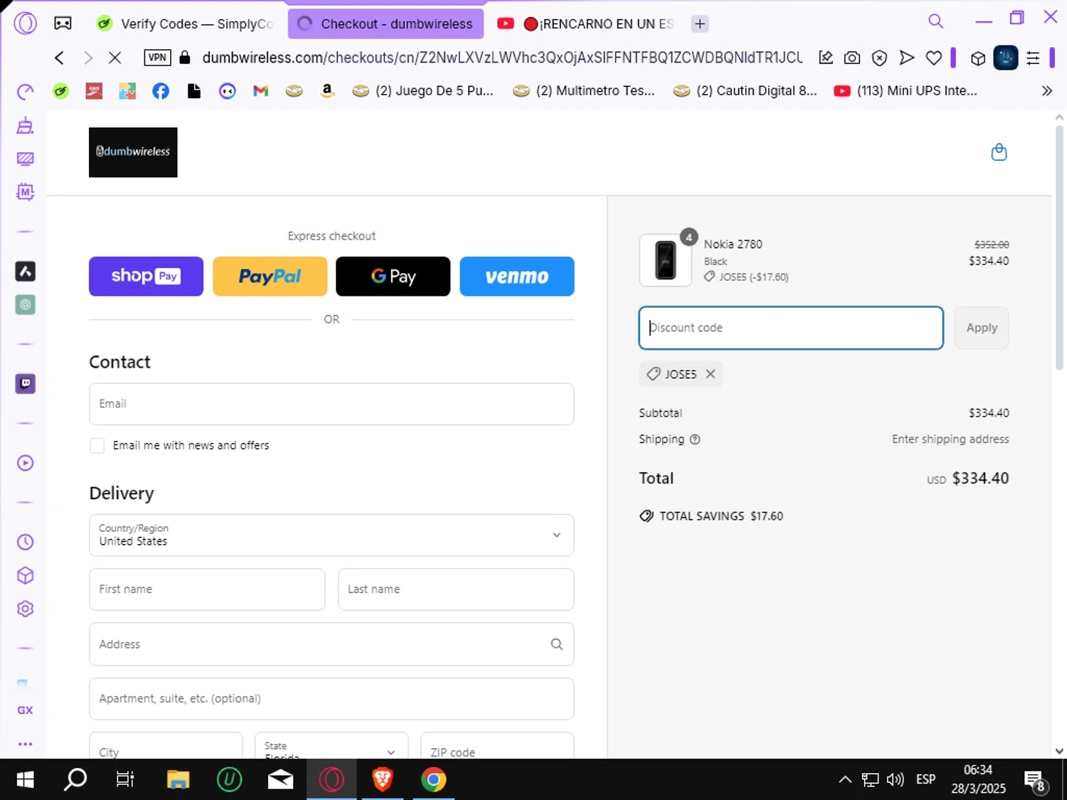 dumbwireless promo code screenshot showing code JOSE5 applied at dumbwireless checkout page. Uploaded by SimplyCodes community member Crchirino1 on Mar 28, 2025