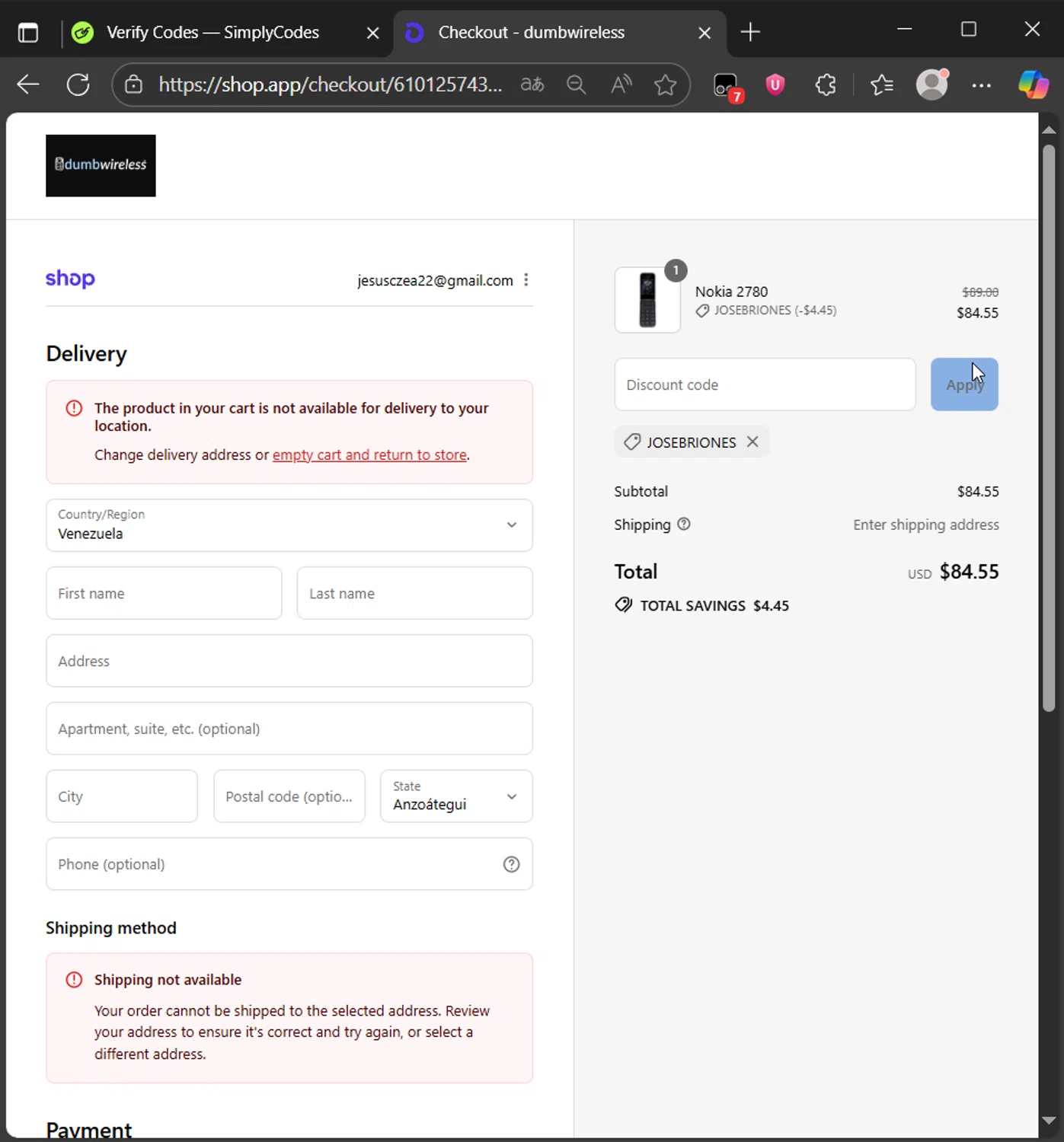 dumbwireless promo code screenshot showing code JOSEBRIONES applied at dumbwireless checkout page. Uploaded by SimplyCodes community member CleverAce742 on Sep 12, 2025