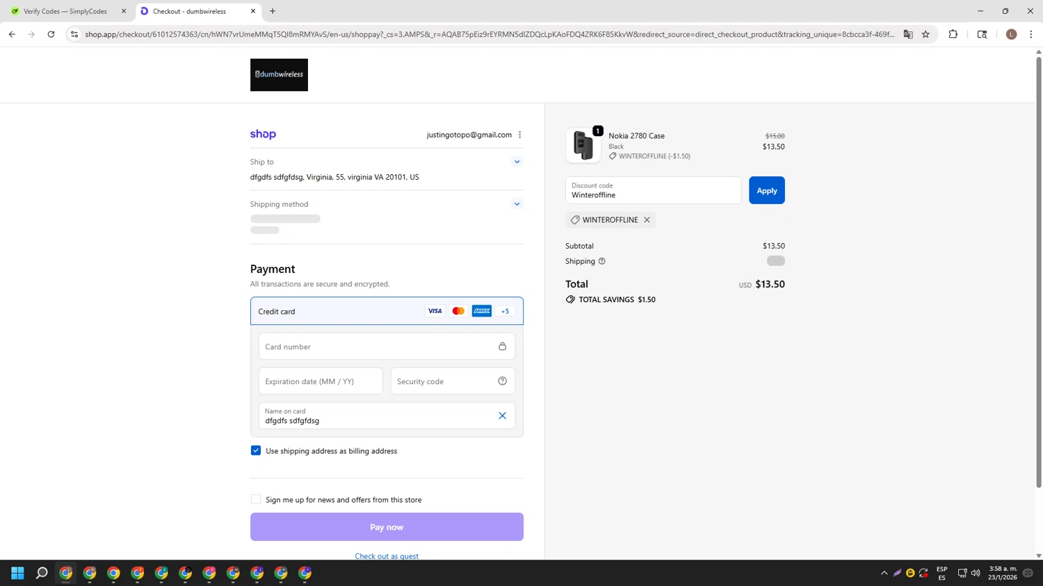 dumbwireless promo code screenshot showing code Winteroffline applied at dumbwireless checkout page. Uploaded by SimplyCodes community member BENELLI on Jan 23, 2026