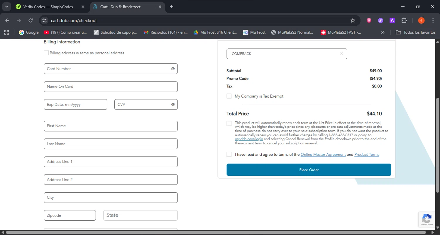 Dun & Bradstreet promo code screenshot showing code COMEBACK applied at Dun & Bradstreet checkout page. Uploaded by SimplyCodes community member BrilliantSleuth7740 on Dec 19, 2025