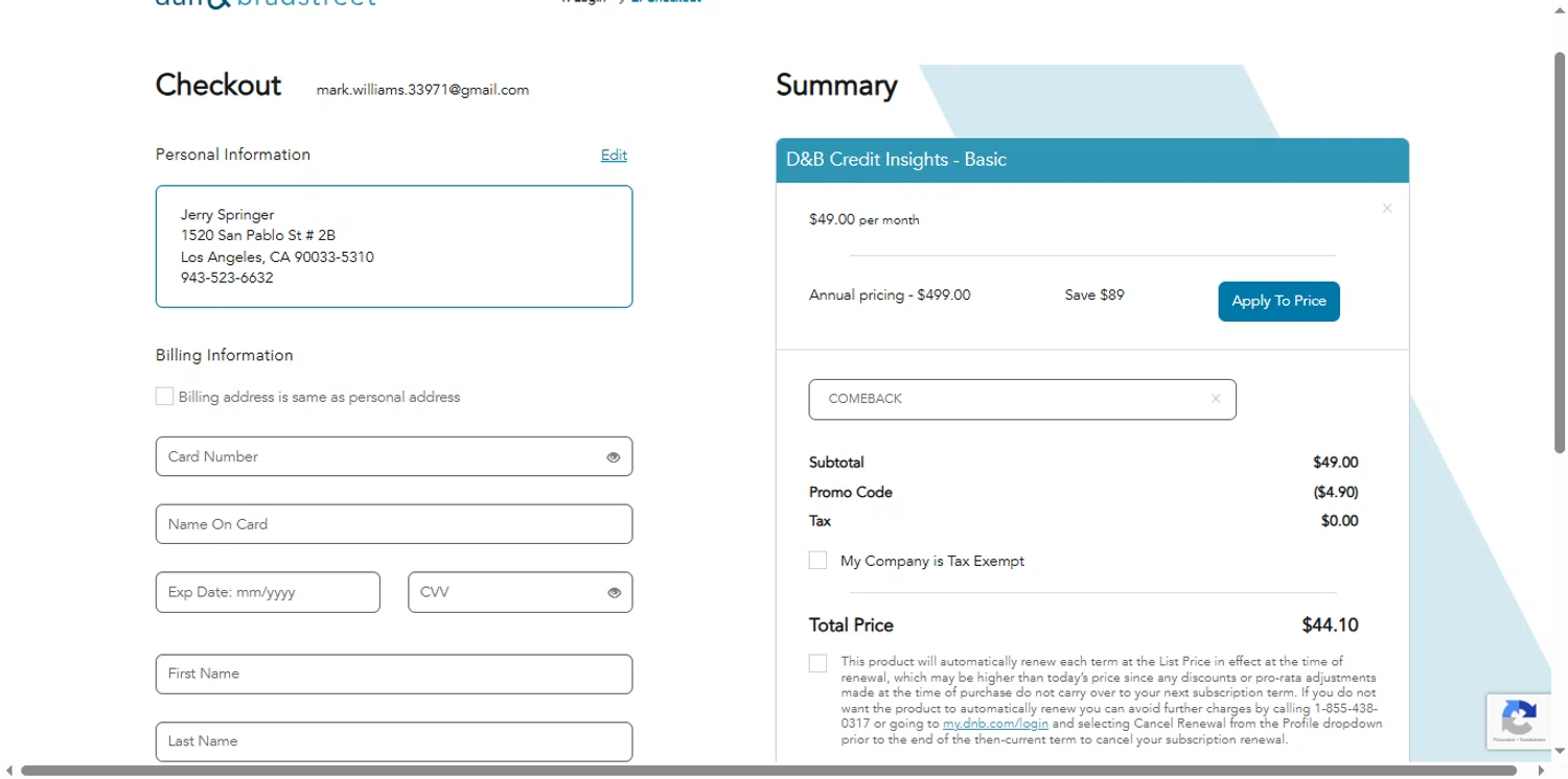 Dun & Bradstreet checkout page showing Dun & Bradstreet promo code box | Screenshot taken by SimplyCodes community member on Jan 7, 2026