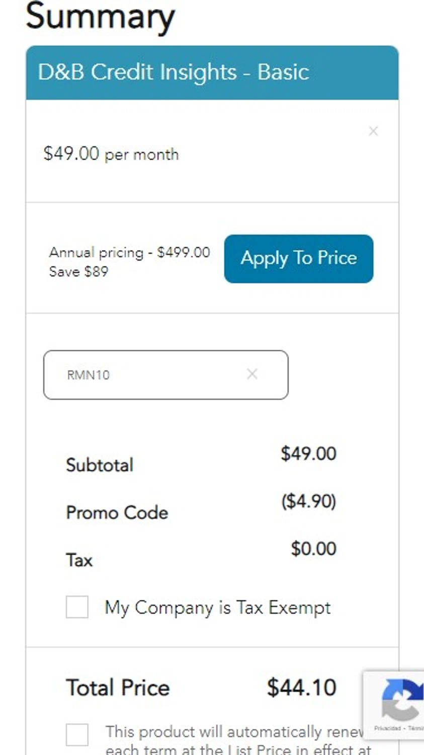 Dun & Bradstreet promo code screenshot showing code RMN10 applied at Dun & Bradstreet checkout page. Uploaded by SimplyCodes community member CarlaVale on Mar 27, 2025