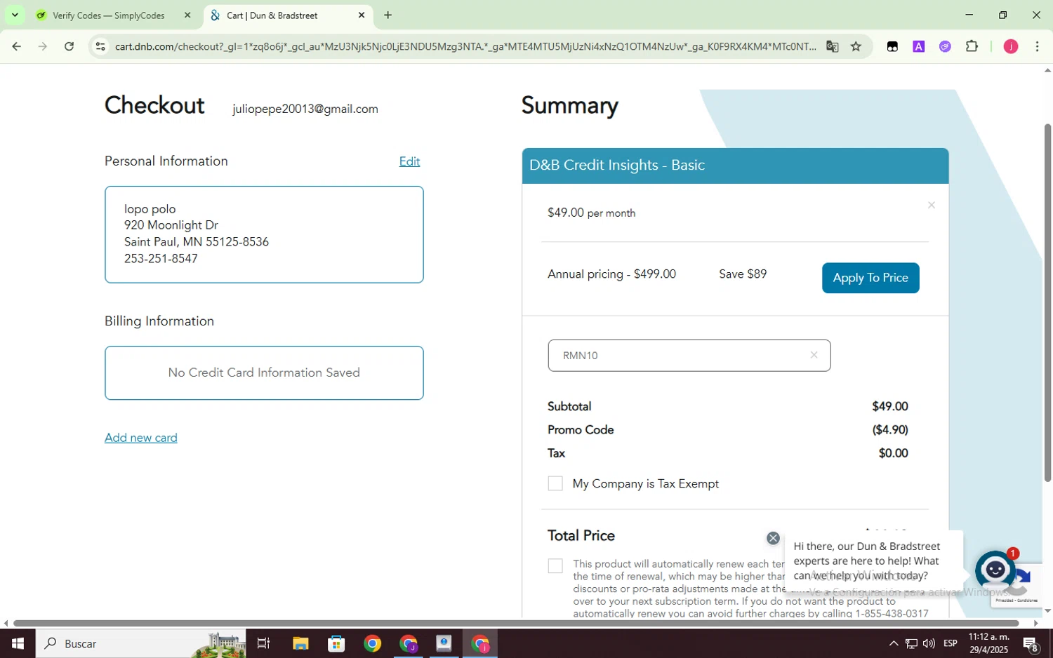 Dun & Bradstreet promo code screenshot showing code RMN10 applied at Dun & Bradstreet checkout page. Uploaded by SimplyCodes community member BrilliantLynx1642 on Apr 29, 2025
