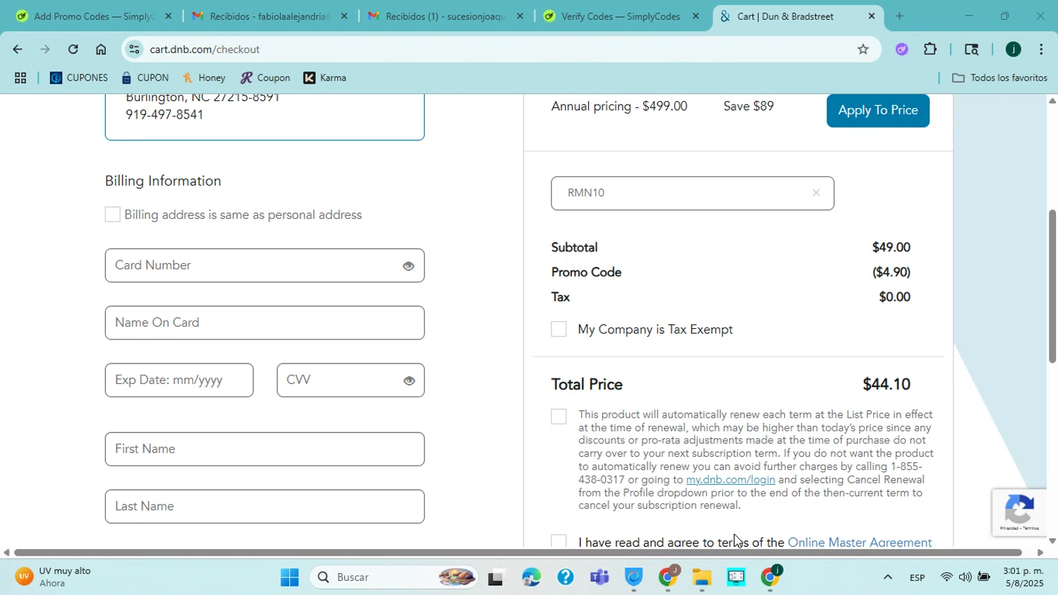 Dun & Bradstreet promo code screenshot showing code RMN10 applied at Dun & Bradstreet checkout page. Uploaded by SimplyCodes community member jorgejavierherrera on Aug 5, 2025