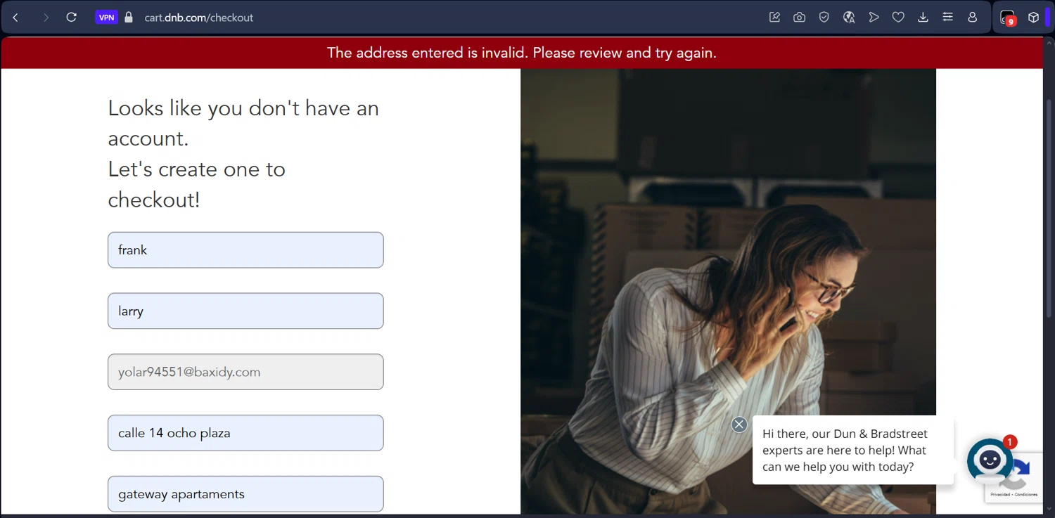 Dun & Bradstreet promo code screenshot showing code DNBUNI10 applied at Dun & Bradstreet checkout page. Uploaded by SimplyCodes community member ThriftyBoss8495 on Aug 19, 2025