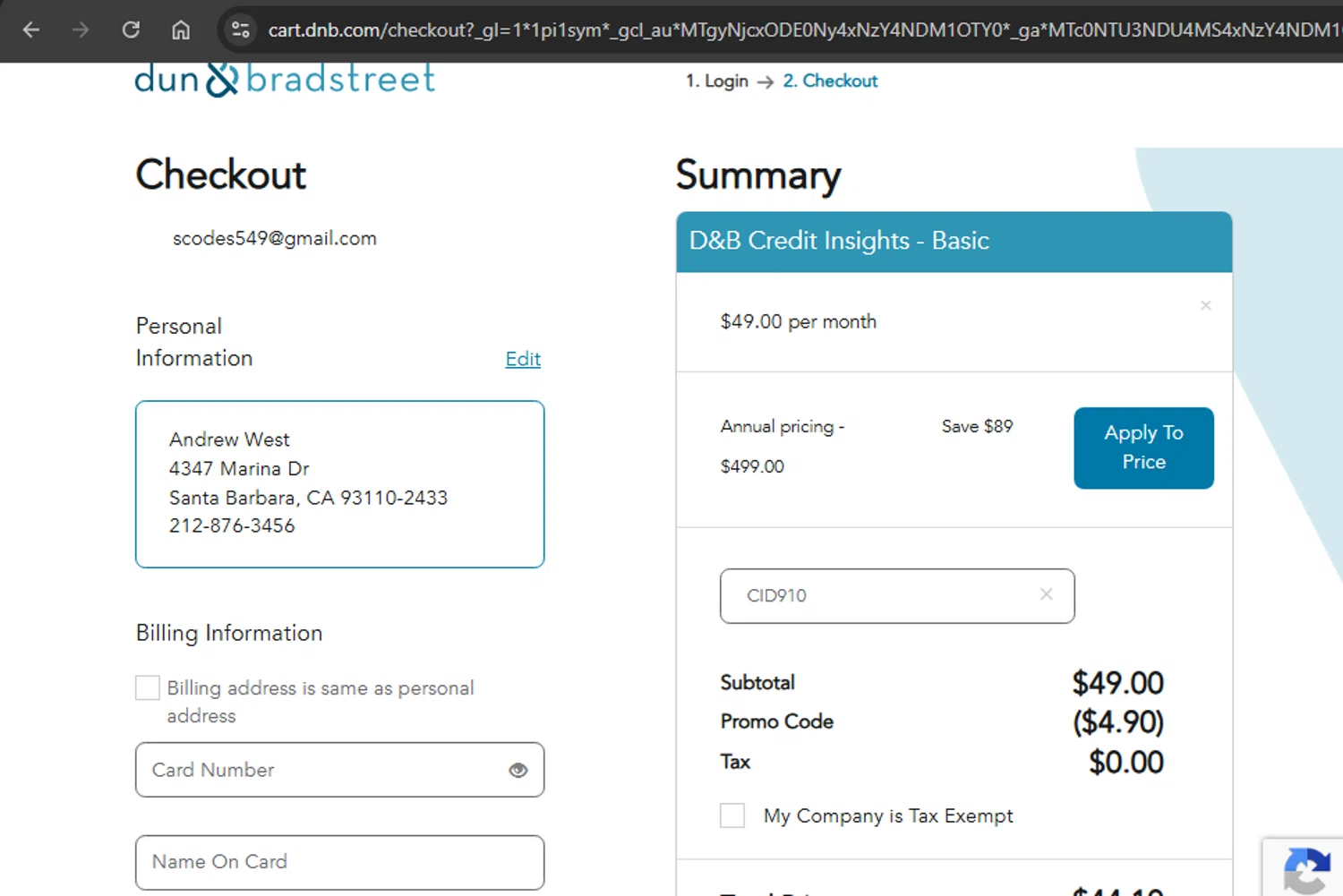 Dun & Bradstreet checkout page showing Dun & Bradstreet promo code box | Screenshot taken by SimplyCodes community member on Jan 15, 2026
