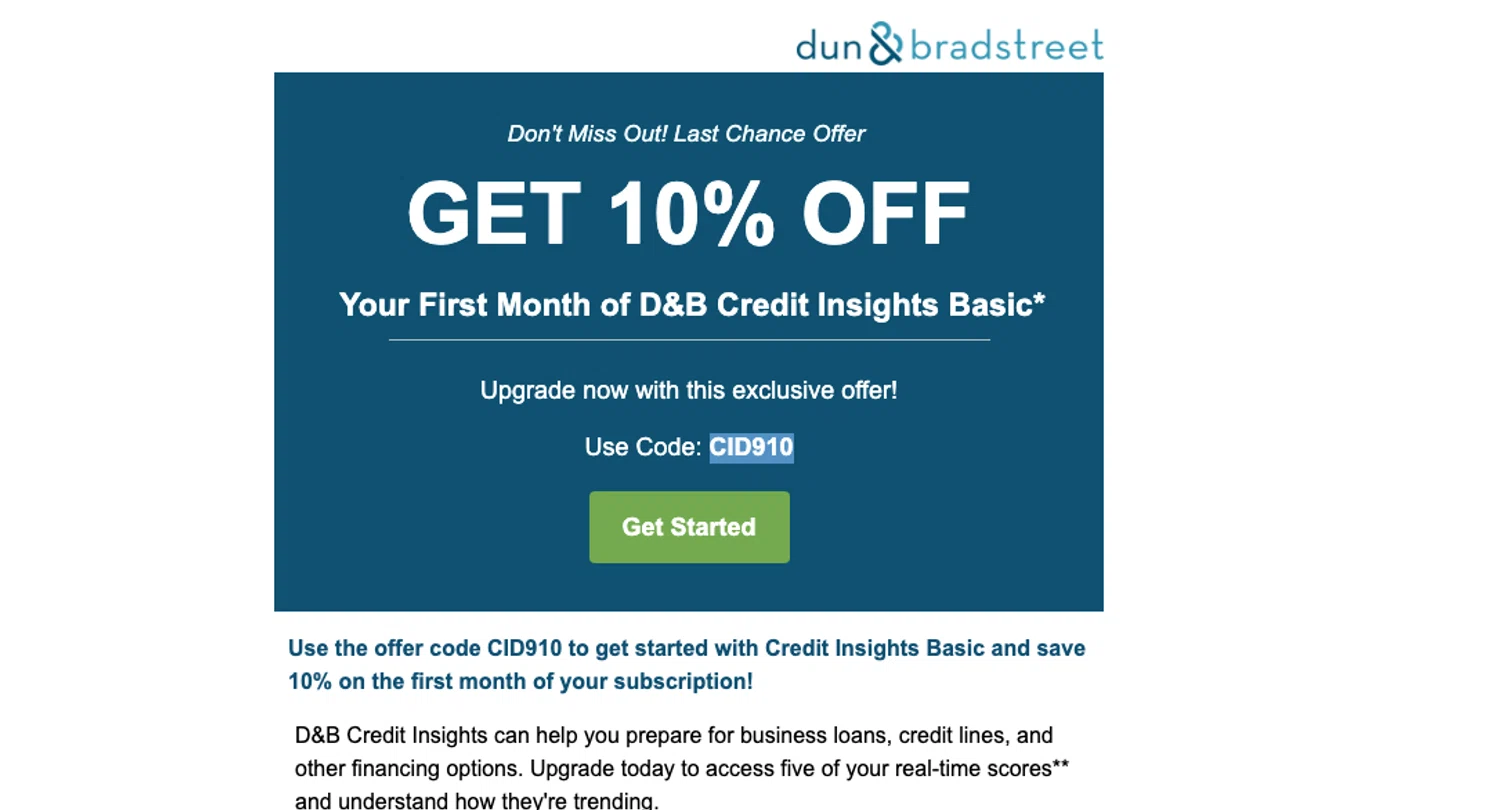 Dun & Bradstreet promo code screenshot showing code CID910 applied at Dun & Bradstreet checkout page. Uploaded by SimplyCodes community member ELOIN777 on Jan 14, 2026