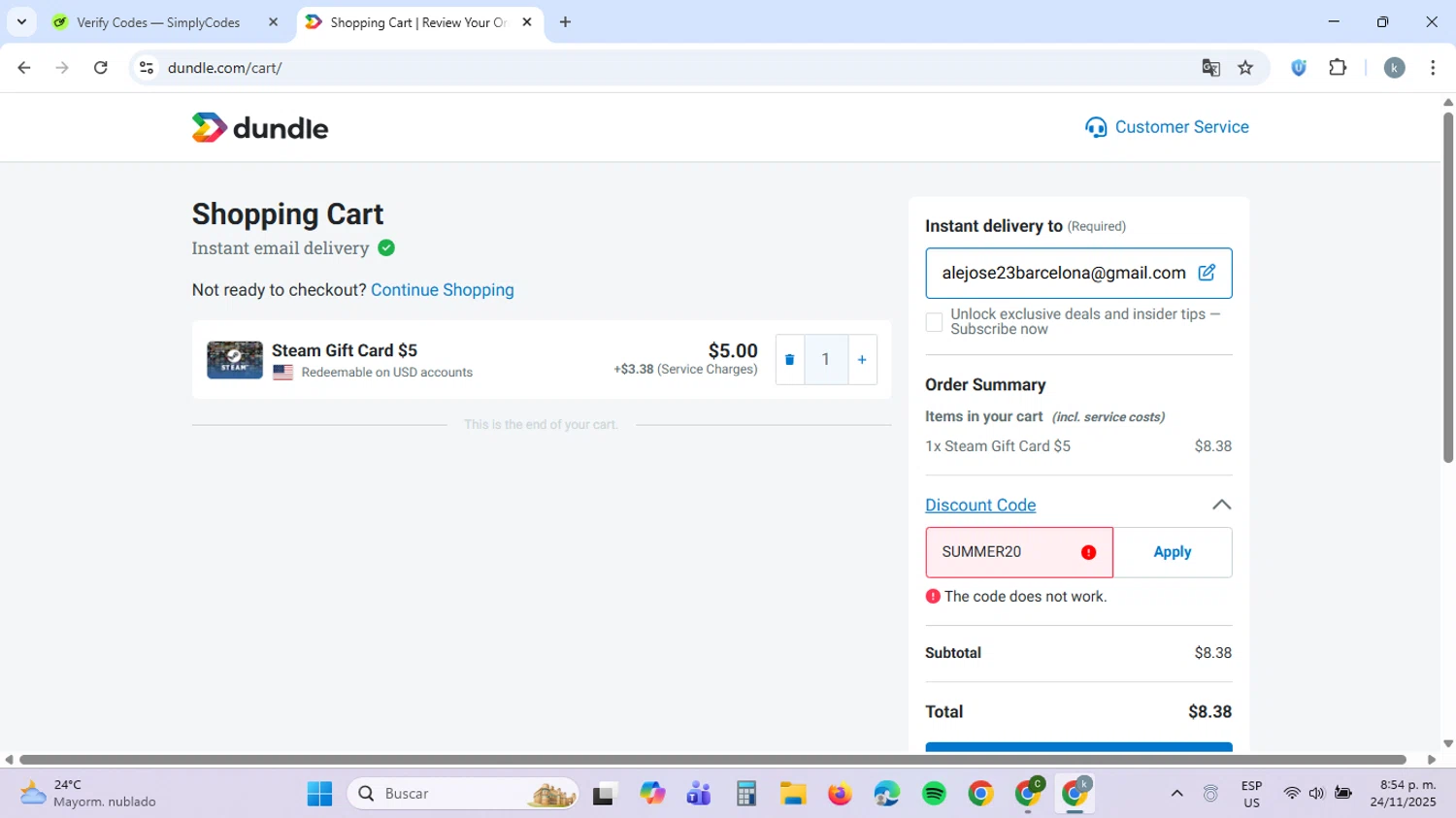 Dundle discount code screenshot showing code SUMMER20 applied at Dundle checkout page. Uploaded by SimplyCodes community member ValiantCaptain6560 on Nov 25, 2025