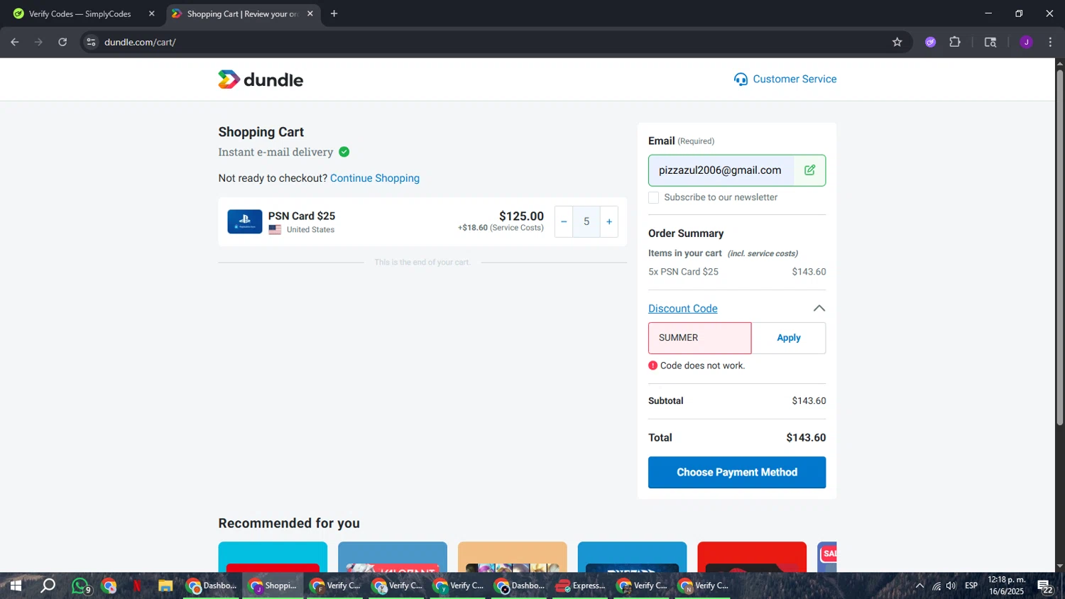 Dundle discount code screenshot showing code SUMMER applied at Dundle checkout page. Uploaded by SimplyCodes community member ComeBurra123 on Jun 16, 2025