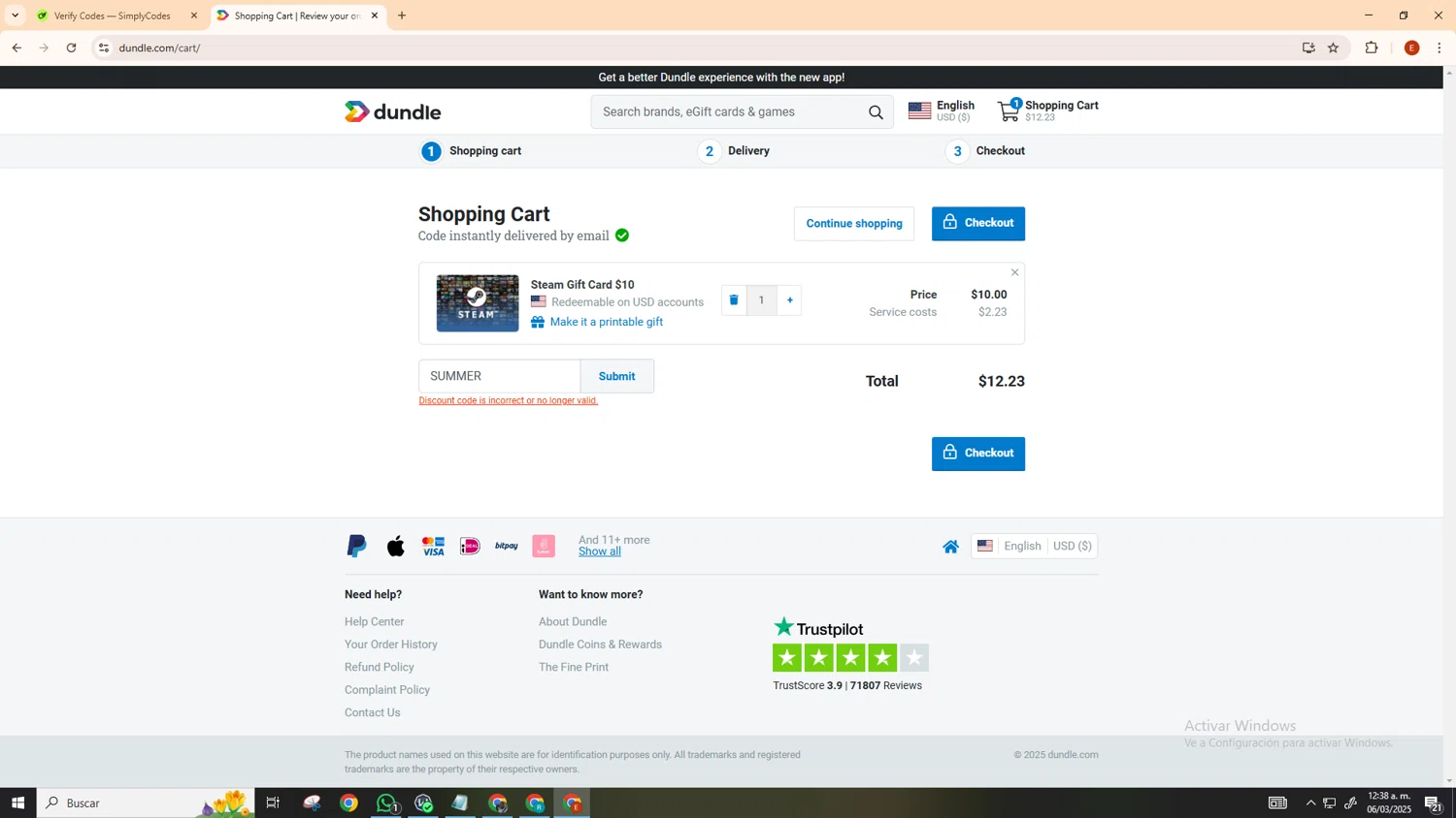 Dundle discount code screenshot showing code SUMMER applied at Dundle checkout page. Uploaded by SimplyCodes community member MoneyScout5902 on Mar 6, 2025