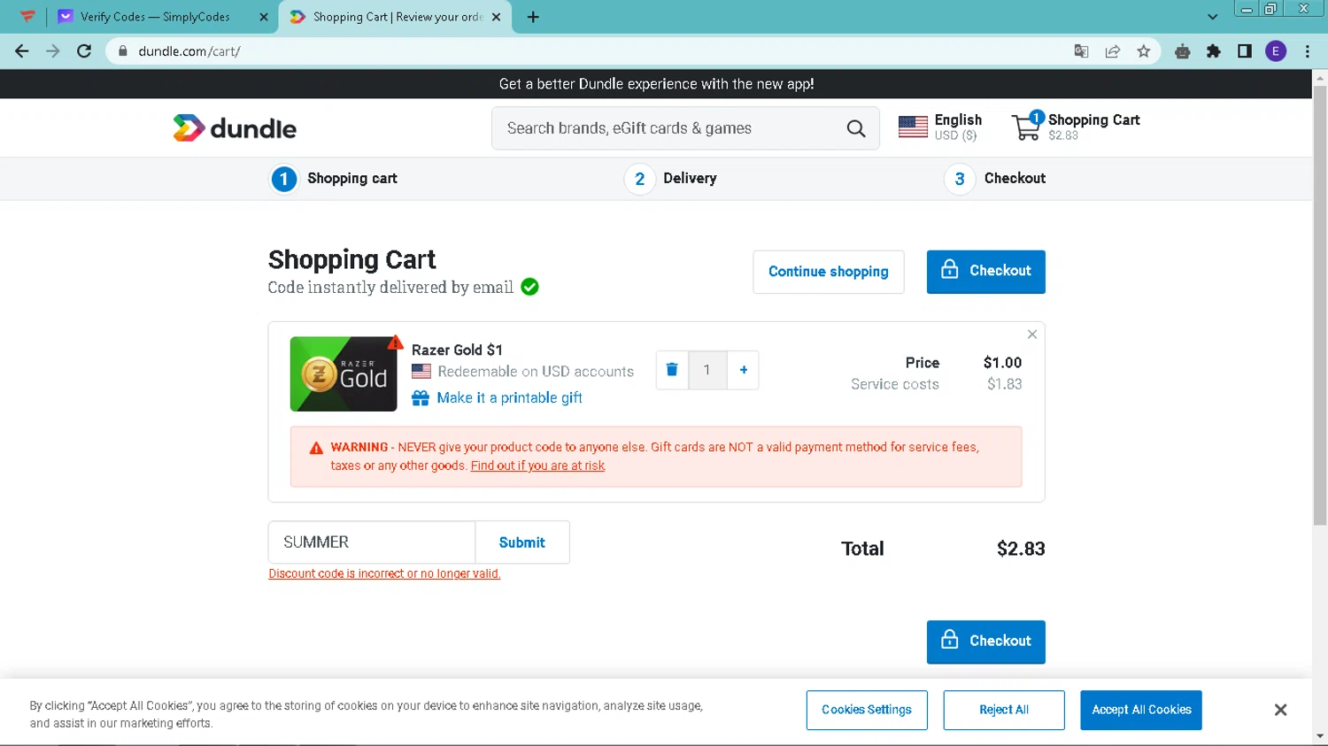 Dundle checkout page showing Dundle discount code box | Screenshot taken by SimplyCodes community member on Nov 10, 2023