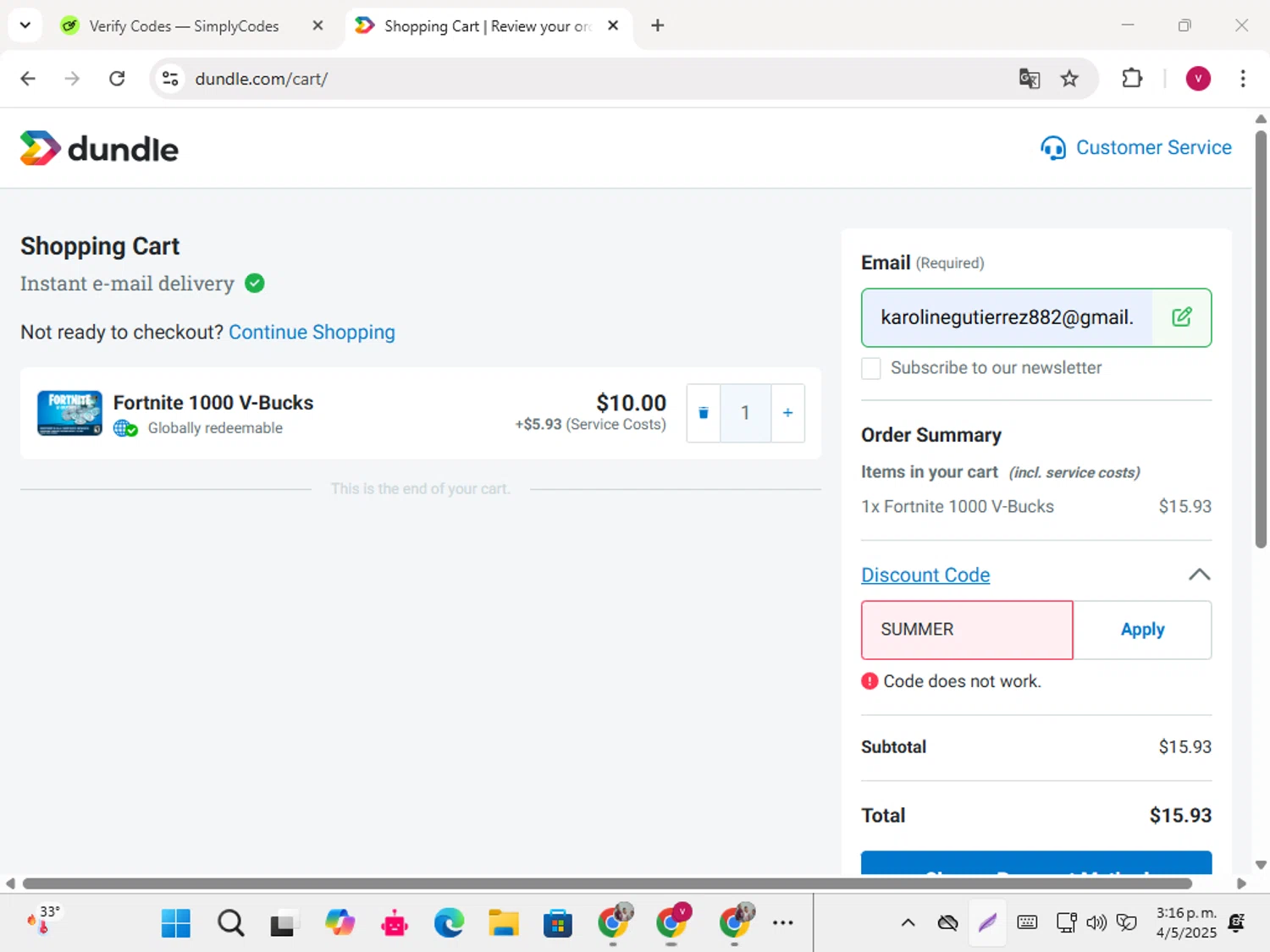 Dundle discount code screenshot showing code SUMMER applied at Dundle checkout page. Uploaded by SimplyCodes community member karoline on May 4, 2025