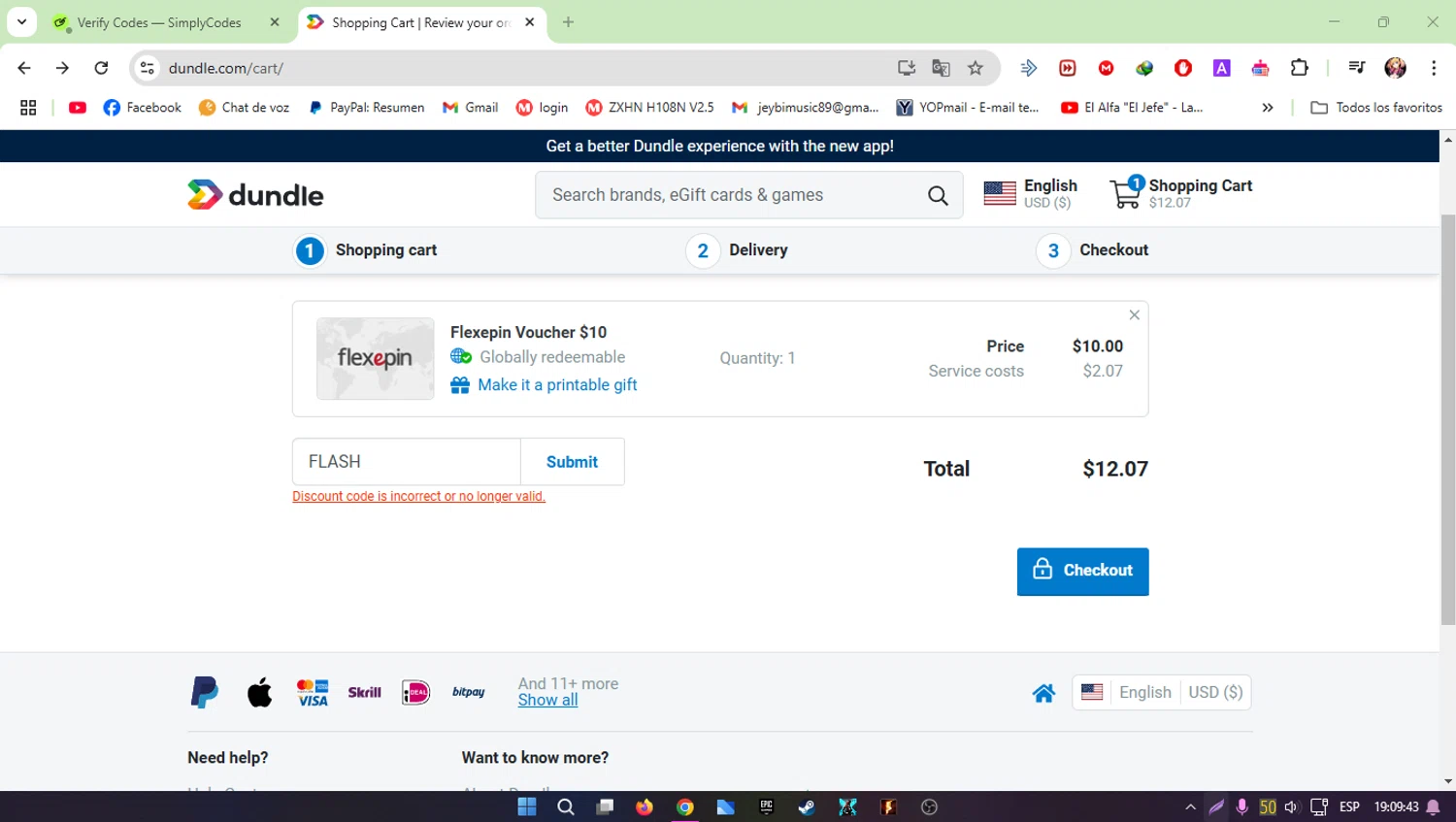 Dundle discount code screenshot showing code FLASH applied at Dundle checkout page. Uploaded by SimplyCodes community member luislopez669902715 on Feb 14, 2025