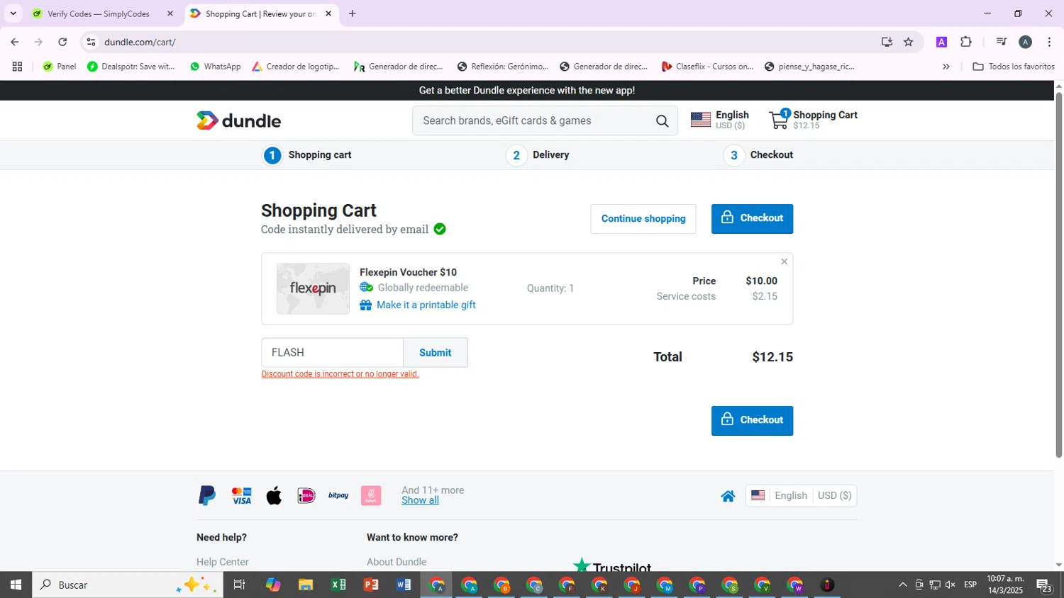 Dundle discount code screenshot showing code FLASH applied at Dundle checkout page. Uploaded by SimplyCodes community member mora_2301 on Mar 14, 2025