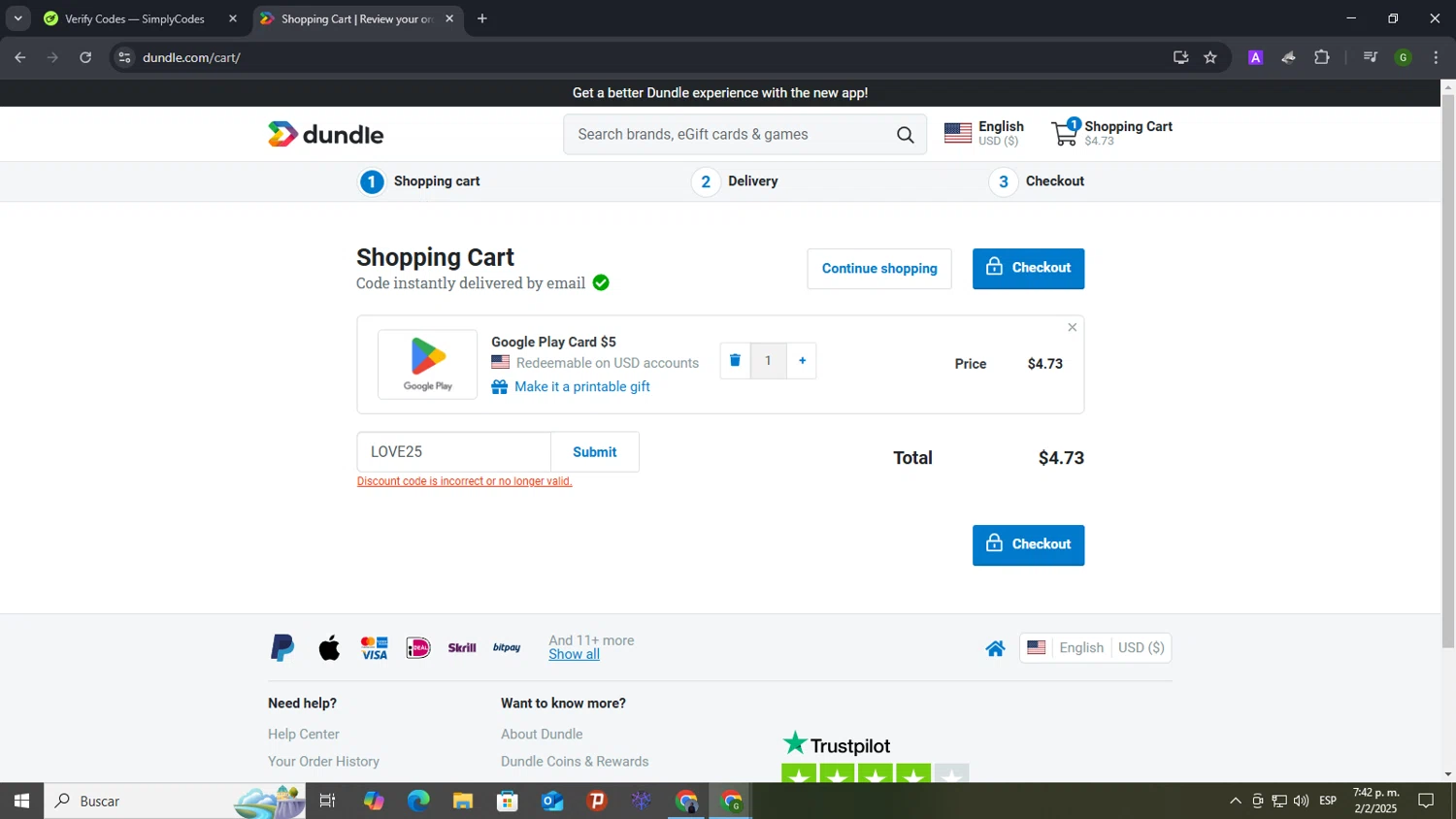 Dundle discount code screenshot showing code LOVE25 applied at Dundle checkout page. Uploaded by SimplyCodes community member Morrachida04 on Feb 2, 2025