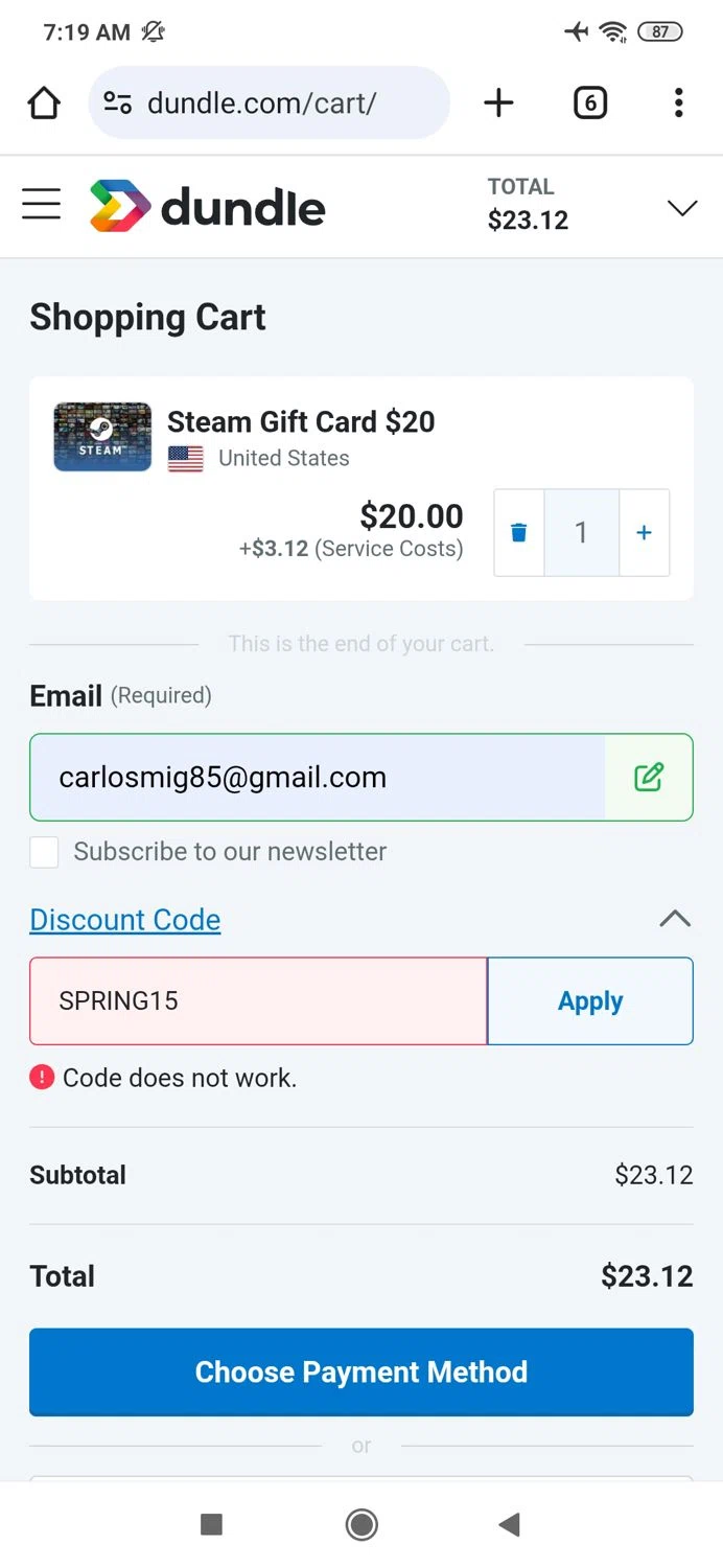 Dundle discount code screenshot showing code SPRING15 applied at Dundle checkout page. Uploaded by SimplyCodes community member MightyBoss9975 on May 2, 2025