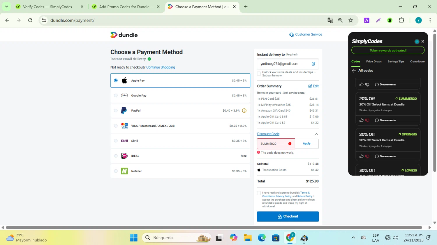 Dundle discount code screenshot showing code SUMMER20 applied at Dundle checkout page. Uploaded by SimplyCodes community member yadiracg074 on Nov 24, 2025