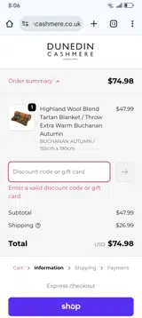 Dunedin Cashmere coupon verification screenshot