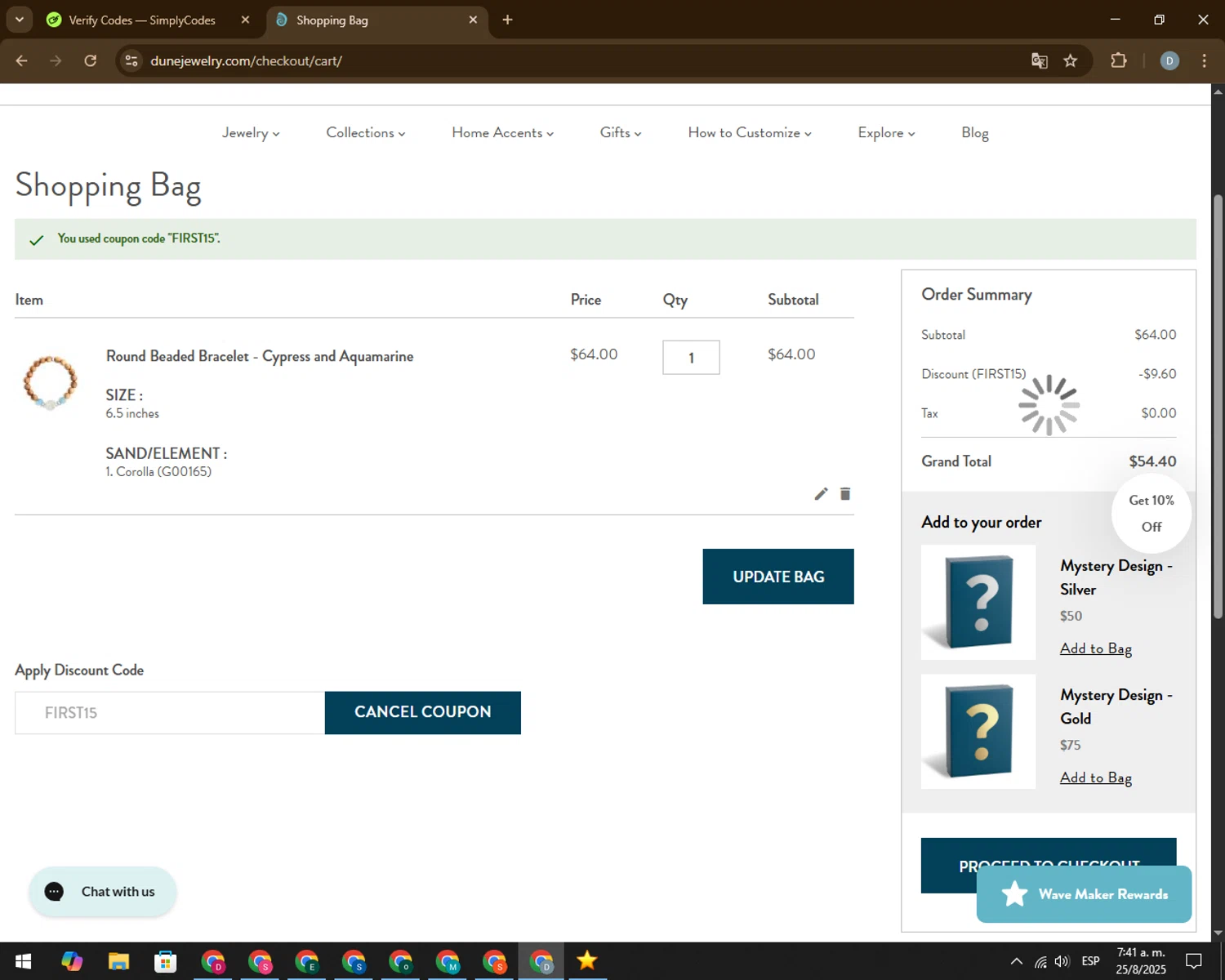 Dune Jewelry discount code screenshot showing code FIRST15 applied at Dune Jewelry checkout page. Uploaded by SimplyCodes community member CodeVoyager5621 on Aug 25, 2025