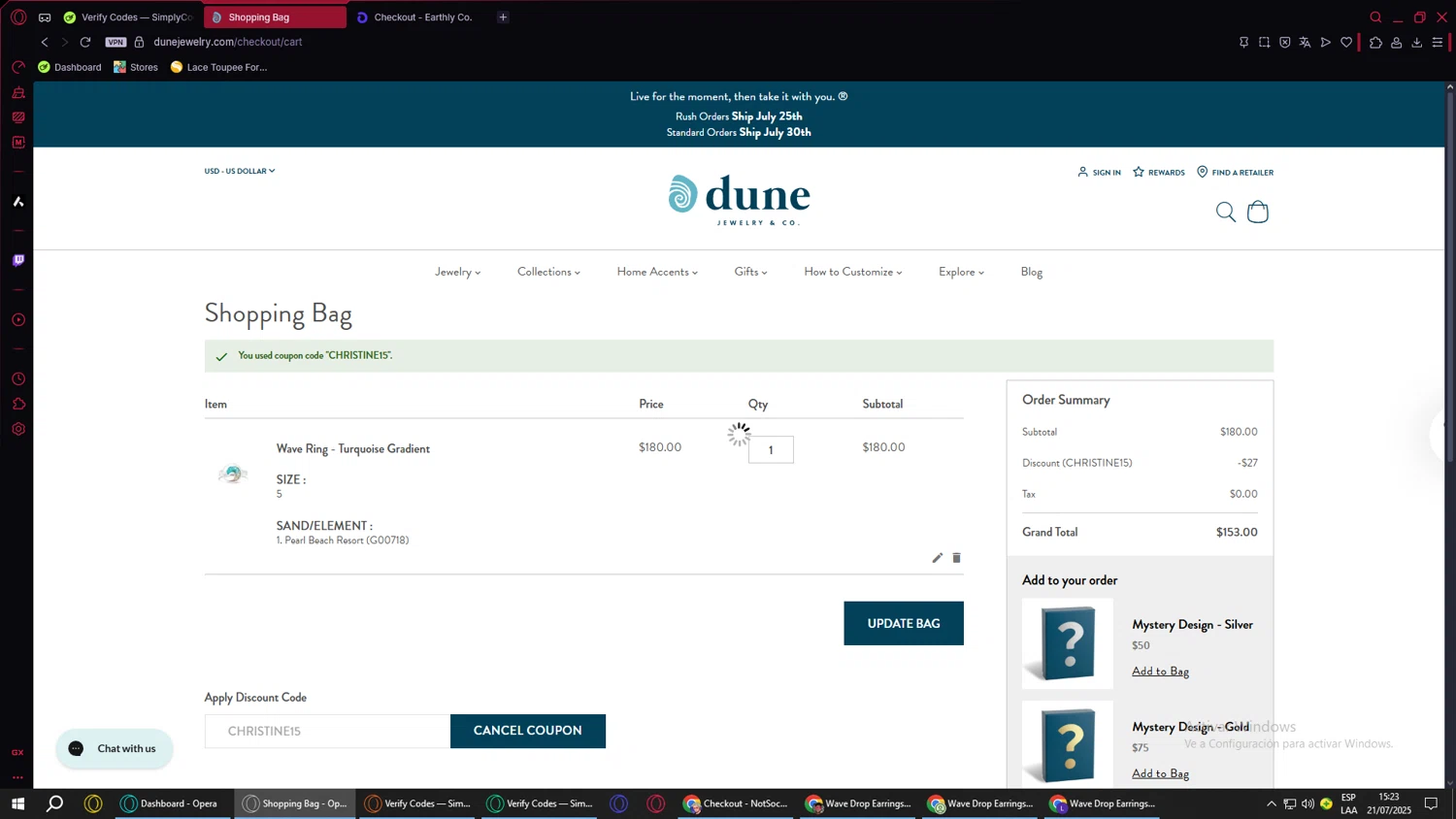 Dune Jewelry discount code screenshot showing code CHRISTINE15 applied at Dune Jewelry checkout page. Uploaded by SimplyCodes community member SavvyScholar995 on Jul 21, 2025