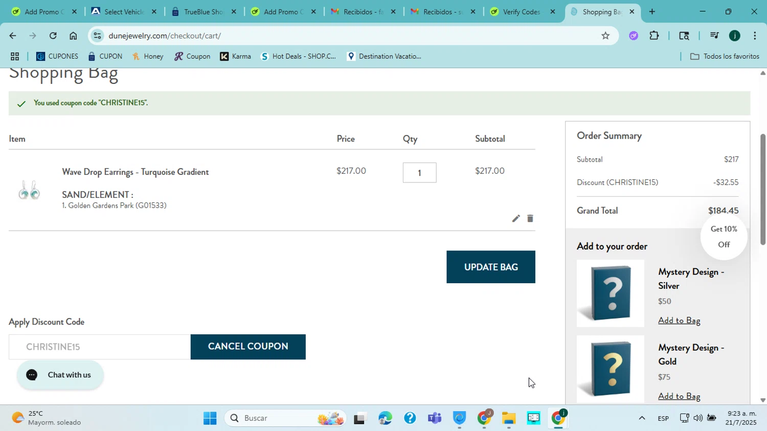 Dune Jewelry discount code screenshot showing code CHRISTINE15 applied at Dune Jewelry checkout page. Uploaded by SimplyCodes community member jorgejavierherrera on Jul 21, 2025