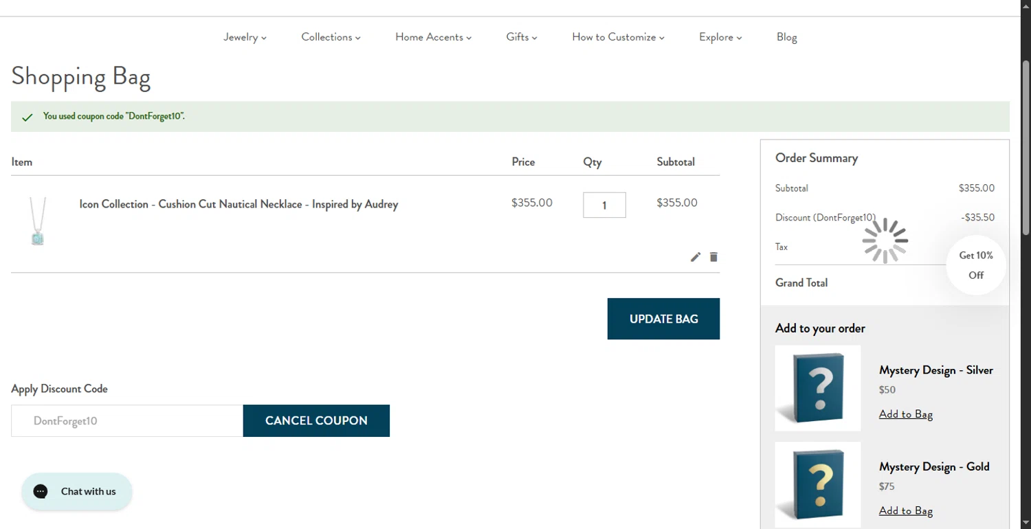 Dune Jewelry discount code screenshot showing code DontForget10 applied at Dune Jewelry checkout page. Uploaded by SimplyCodes community member RewardLion6202 on Jul 20, 2025