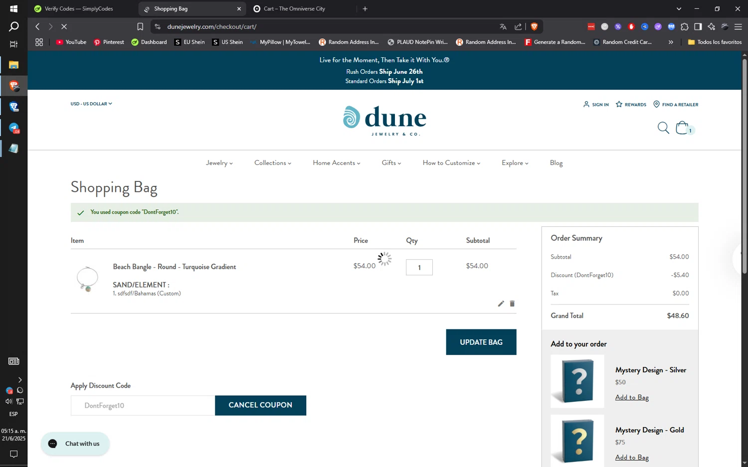 Dune Jewelry discount code screenshot showing code DontForget10 applied at Dune Jewelry checkout page. Uploaded by SimplyCodes community member ilaMiguel on Jun 21, 2025