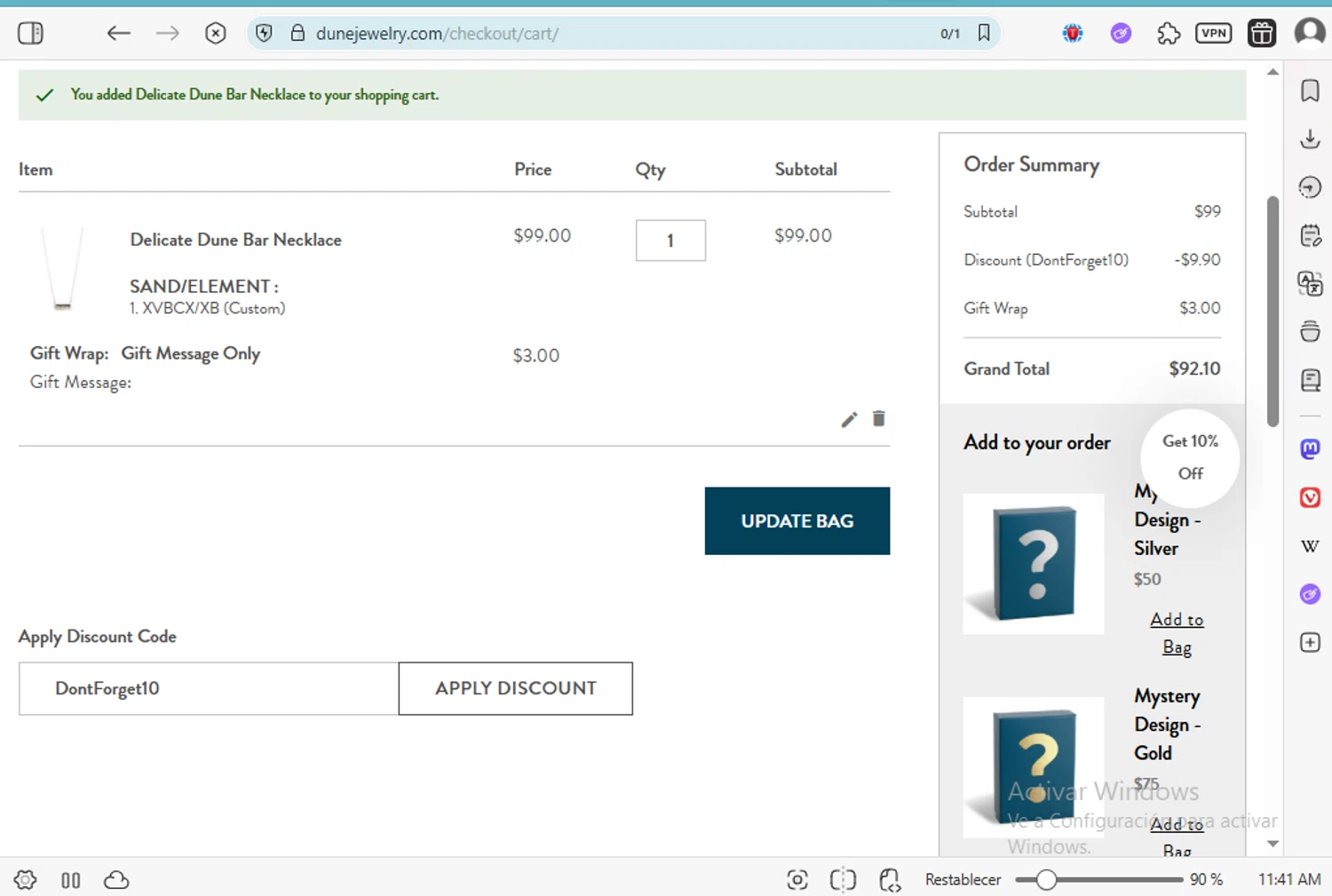 Dune Jewelry discount code screenshot showing code DontForget10 applied at Dune Jewelry checkout page. Uploaded by SimplyCodes community member luissilva2 on Jul 20, 2025