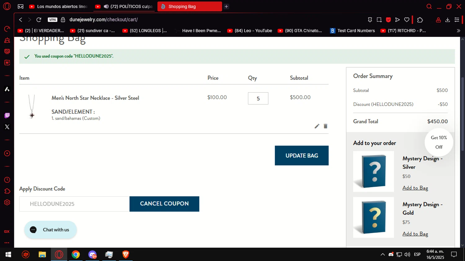Dune Jewelry discount code screenshot showing code HELLODUNE2025 applied at Dune Jewelry checkout page. Uploaded by SimplyCodes community member Helpme on May 16, 2025