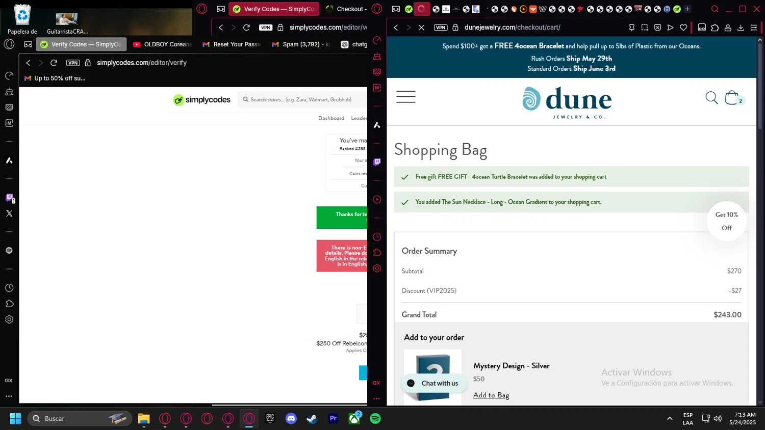 Dune Jewelry discount code screenshot showing code VIP2025 applied at Dune Jewelry checkout page. Uploaded by SimplyCodes community member Handivlak on May 24, 2025