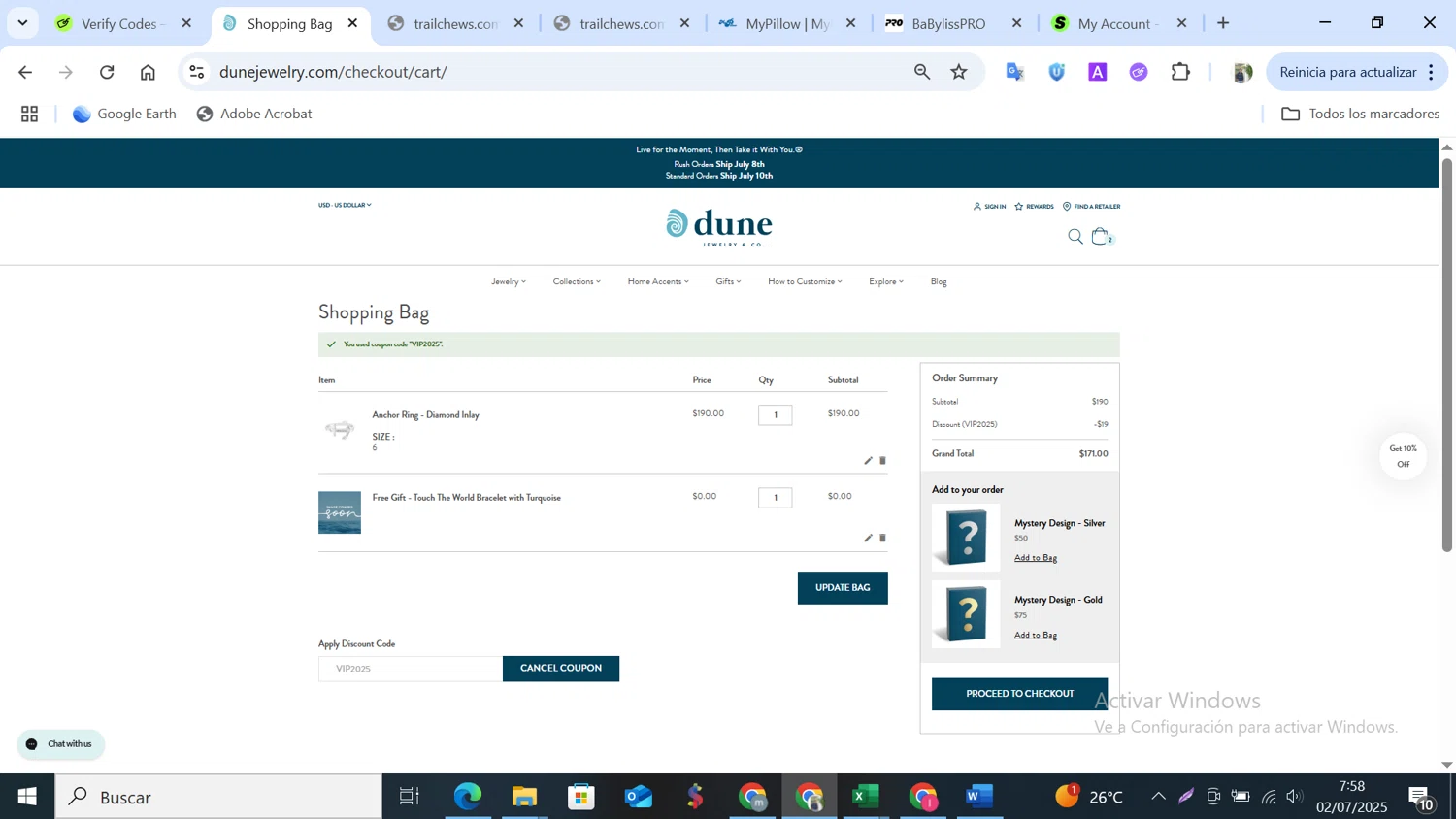 Dune Jewelry discount code screenshot showing code VIP2025 applied at Dune Jewelry checkout page. Uploaded by SimplyCodes community member NobleMonarch5837 on Jul 2, 2025