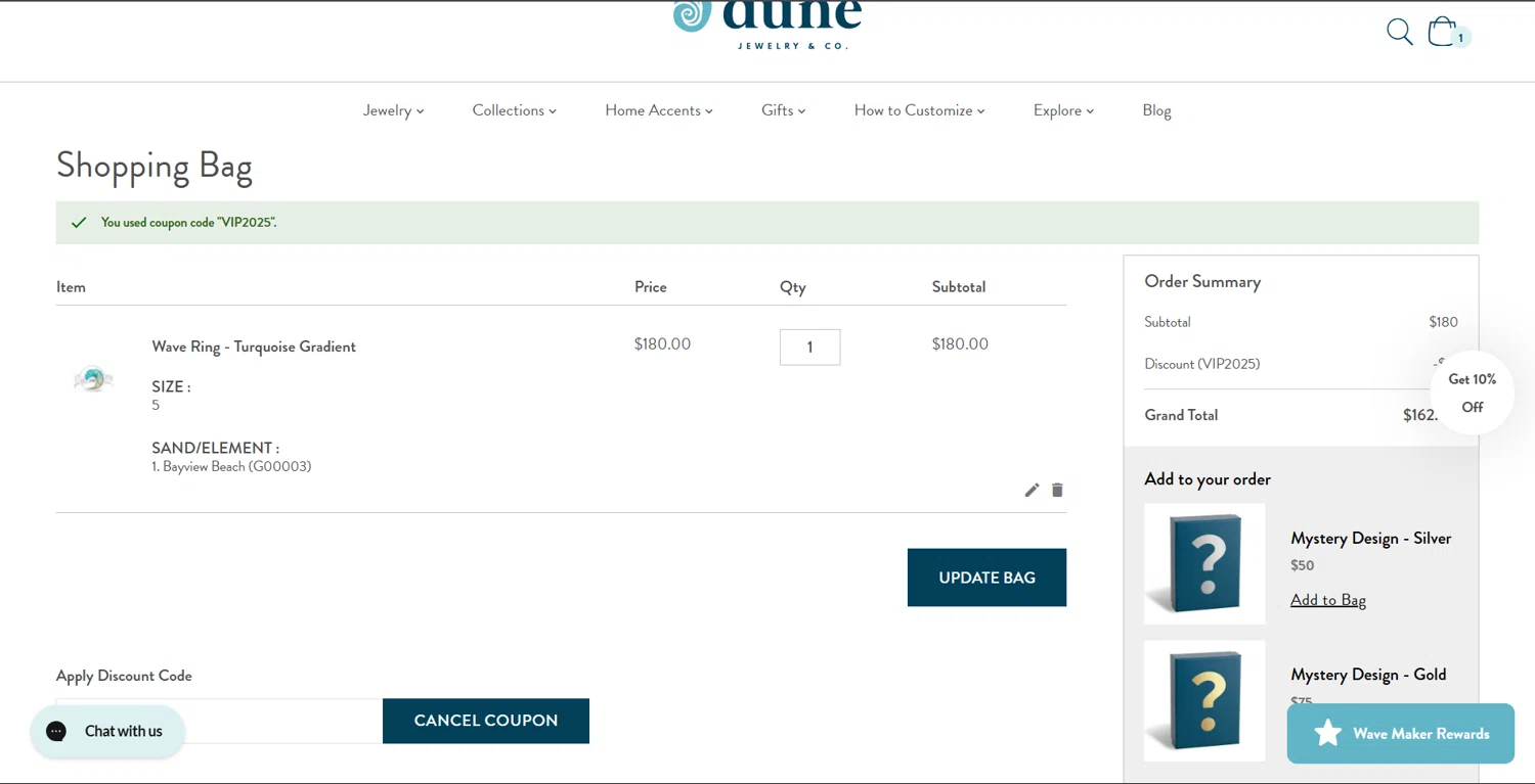 Dune Jewelry discount code screenshot showing code VIP2025 applied at Dune Jewelry checkout page. Uploaded by SimplyCodes community member Teresa on Aug 29, 2025