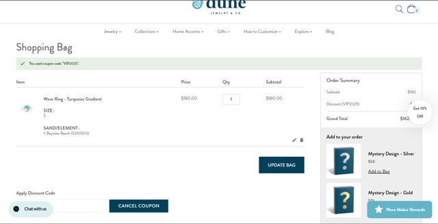 Dune Jewelry checkout page showing Dune Jewelry discount code box | Screenshot taken by SimplyCodes community member on Aug 29, 2025