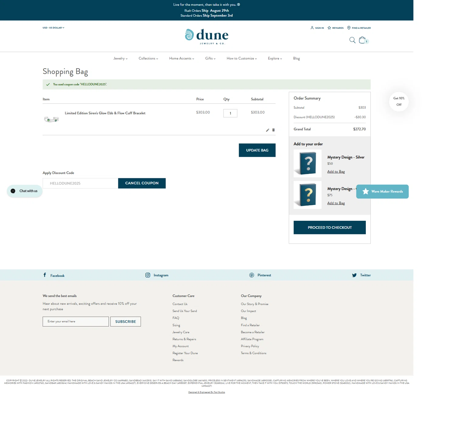 Dune Jewelry discount code screenshot showing code HELLODUNE2025 applied at Dune Jewelry checkout page. Uploaded by SimplyCodes community member Serdanvz on Aug 23, 2025
