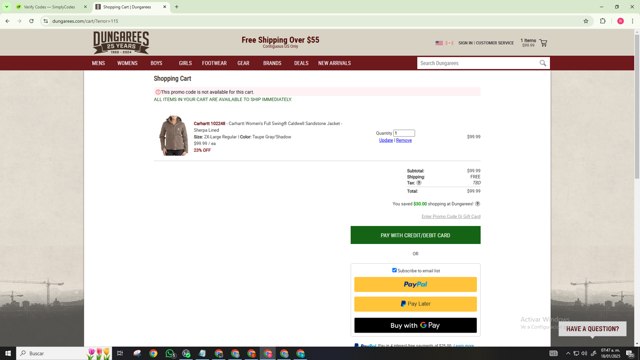 Dungarees checkout page showing Dungarees promo code box | Screenshot taken by SimplyCodes community member on Jan 18, 2025