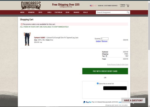 Dungarees checkout page showing Dungarees promo code box | Screenshot taken by SimplyCodes community member on Jan 18, 2025
